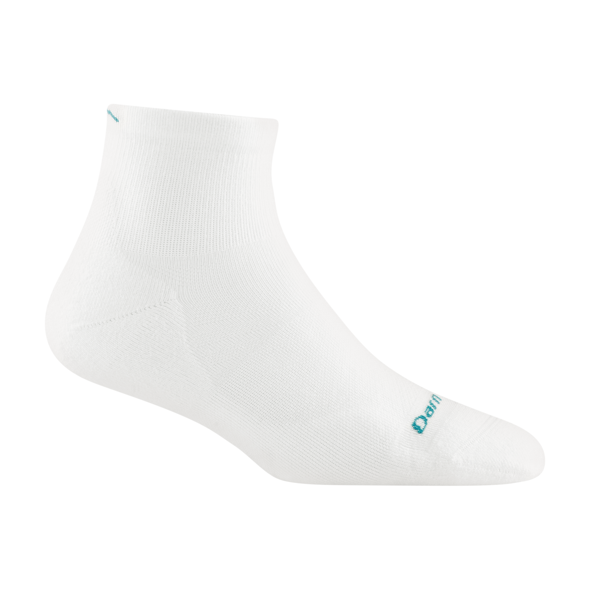1048 women's quarter running sock in white with teal darn tough signature on forefoot