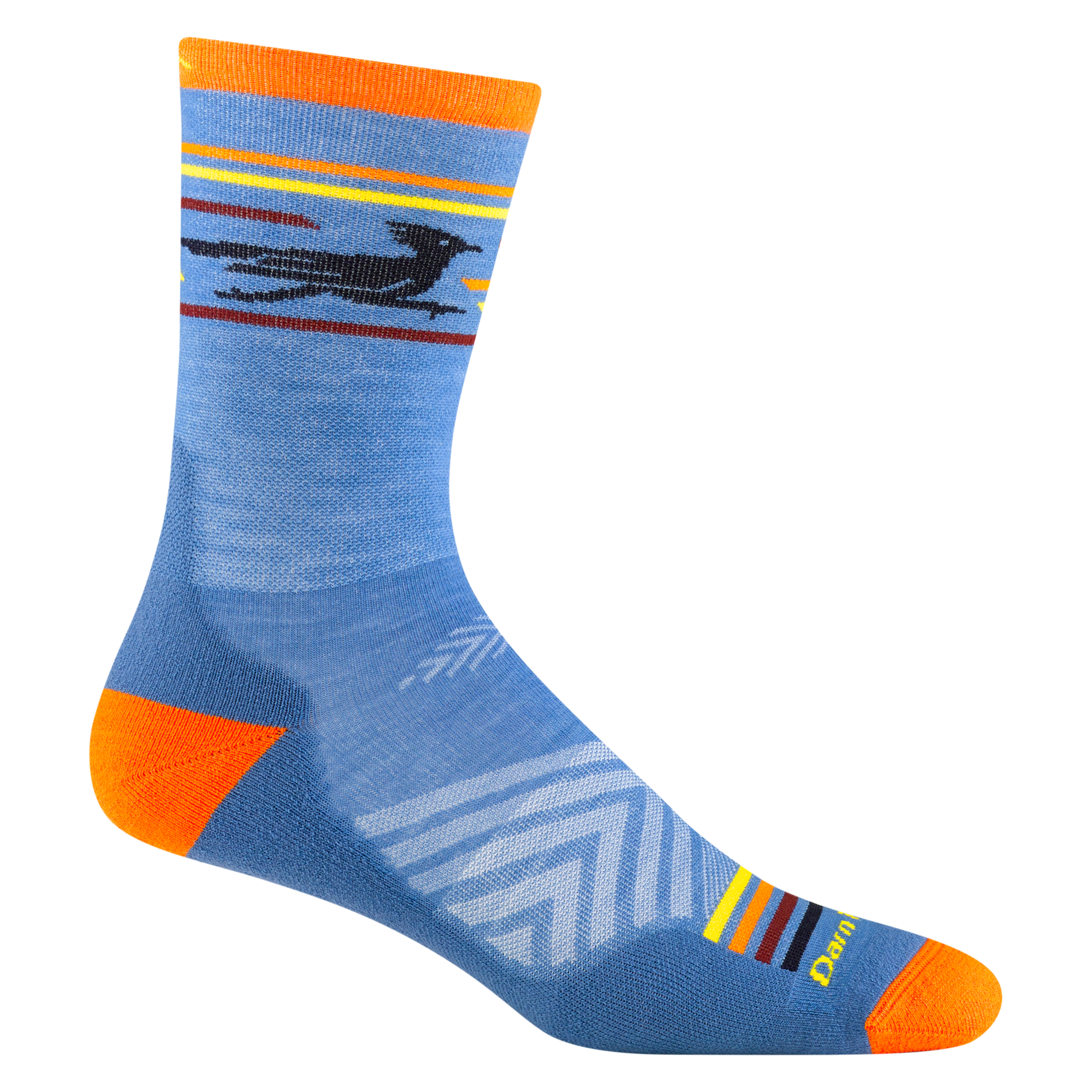 1062 men's frontrunner micro crew running sock in surf blue with orange accents and a frontrunner bird silhouette