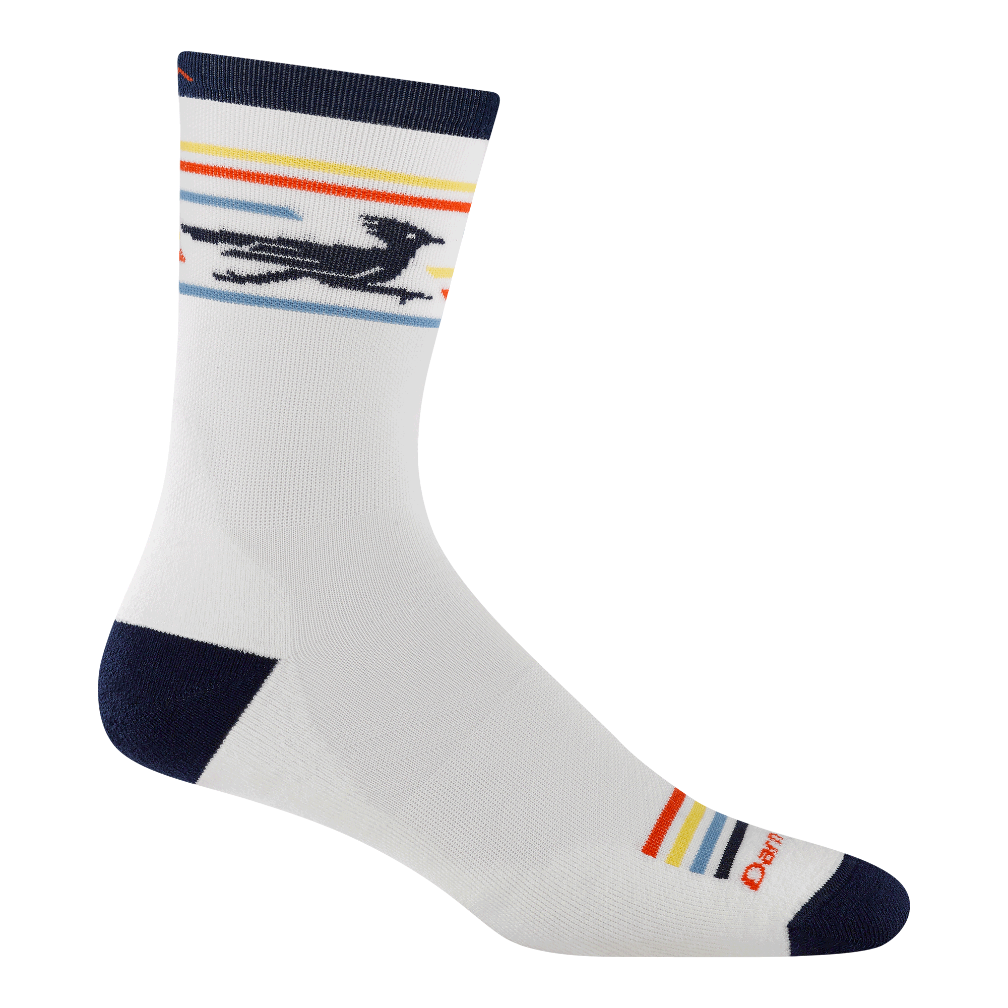 1062 Front runner in white micro crew featuring navy heel/toe with road runner on cuff