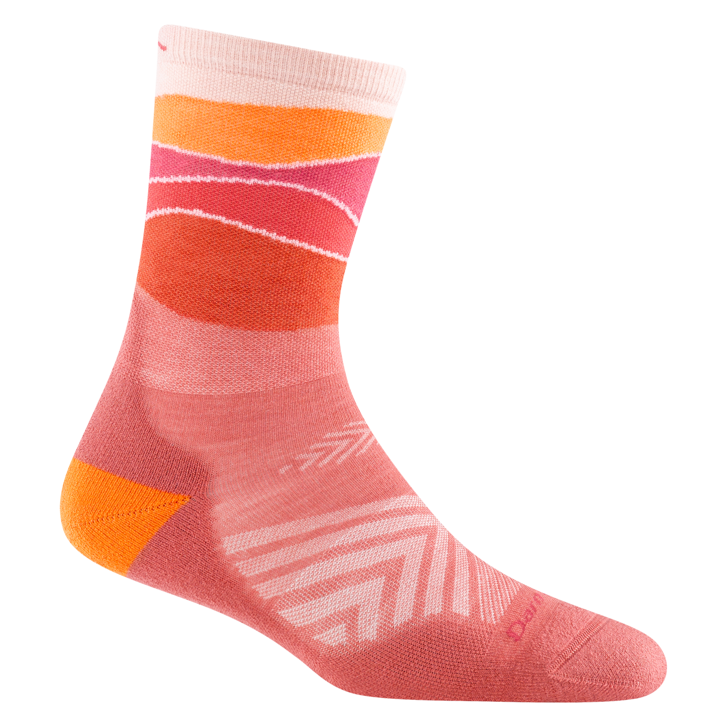 1064 Horizon micro crew running sock in canyon with an orange heel accent and pink body with waving stripes on the cuff