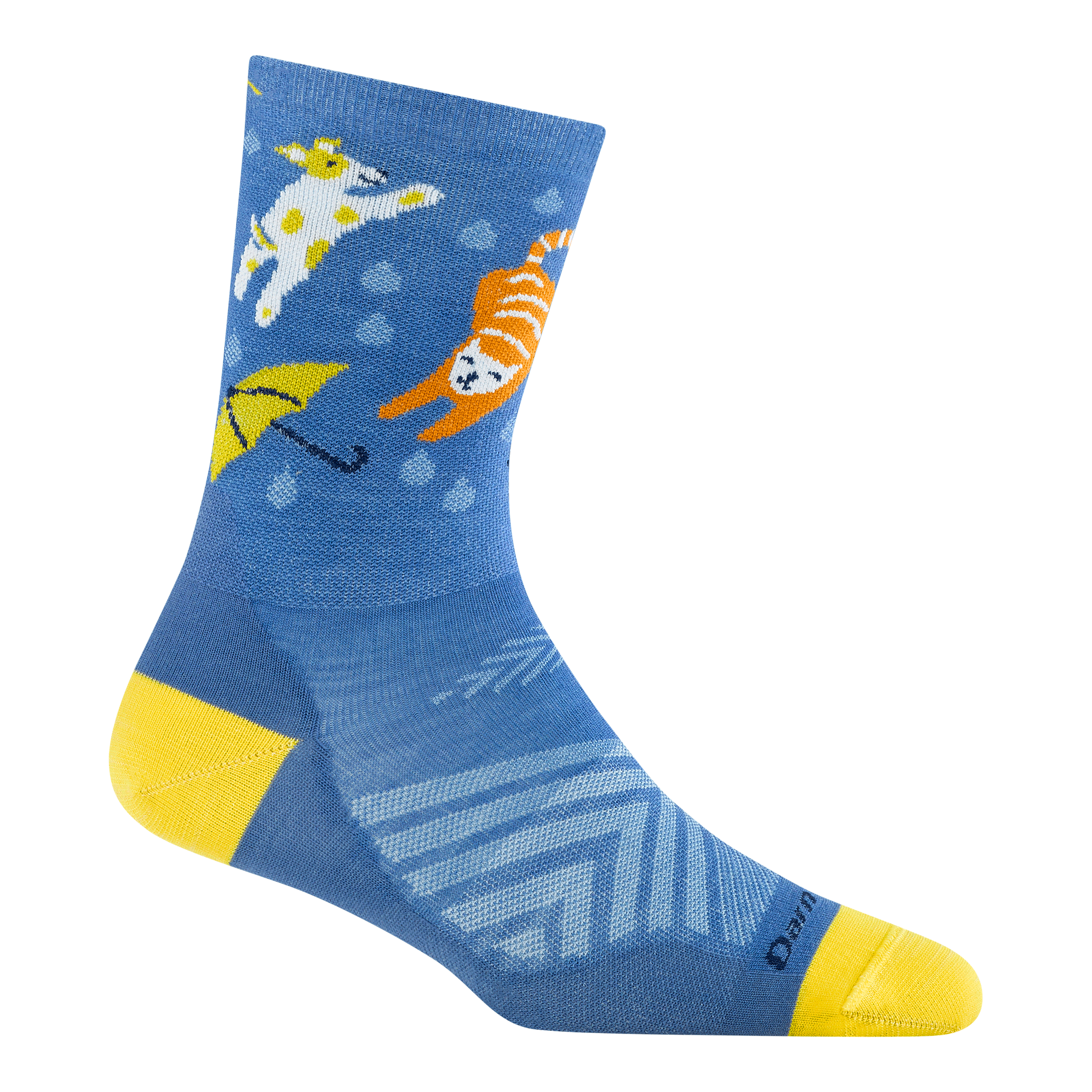 1070 ruff weather micro crew running sock in storm blue featuring a blue body yellow heel/toe and cats/dogs/umbrellas on the leg