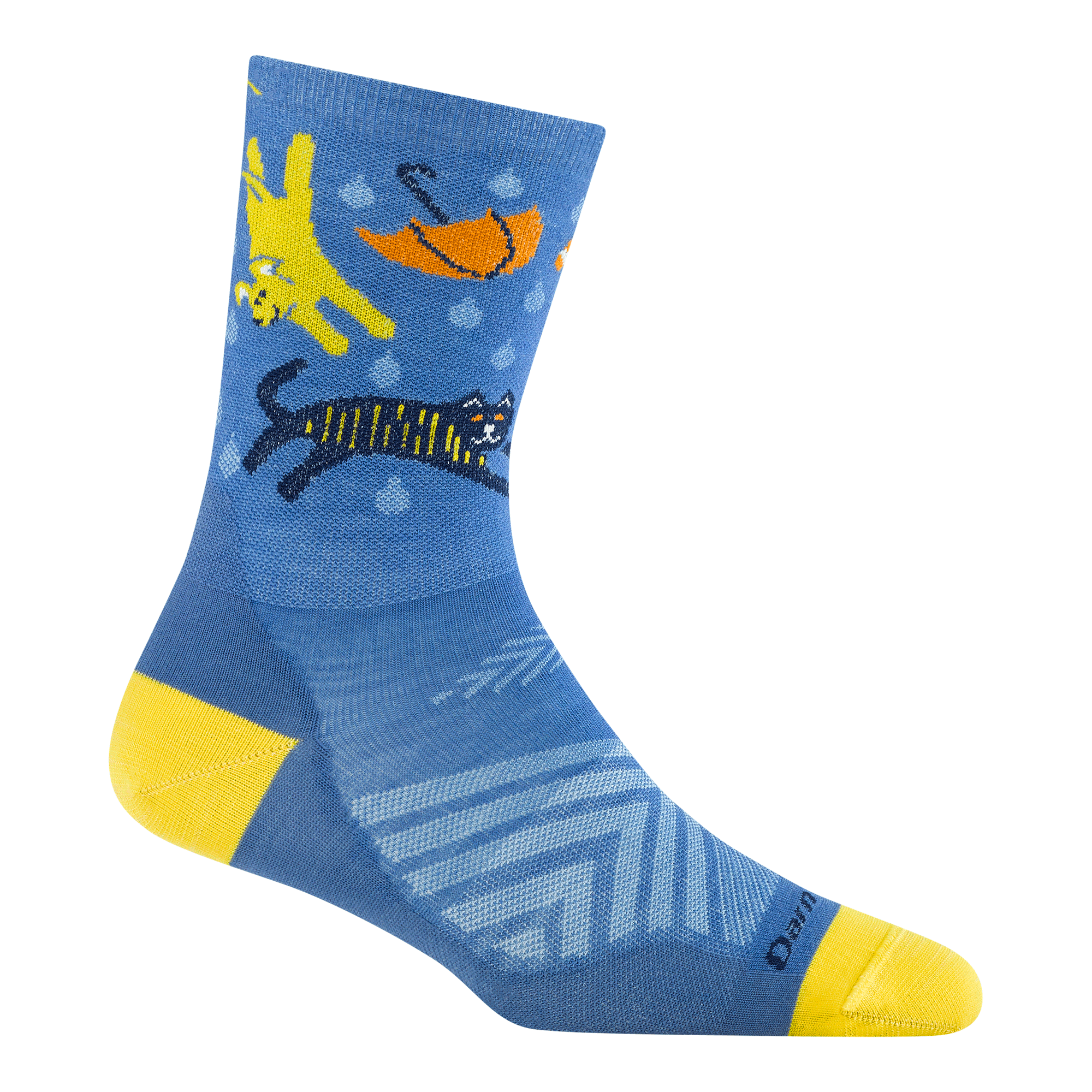 revese 1070 ruff weather micro crew running sock in storm blue featuring a blue body yellow heel/toe and cats/dogs/umbrellas on the leg