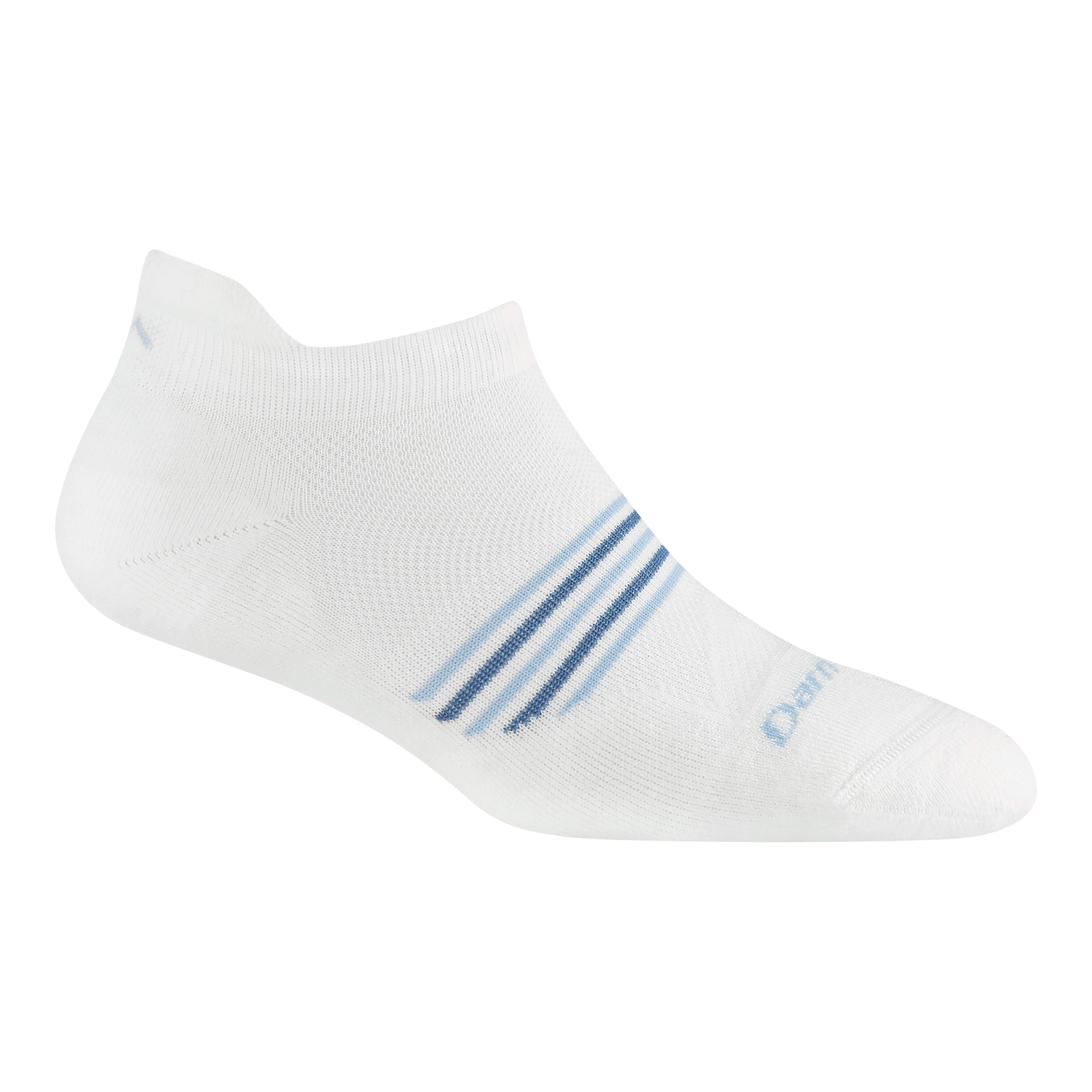 1112 women's element no show running sock in vapor white with light blue forefoot striping and logo