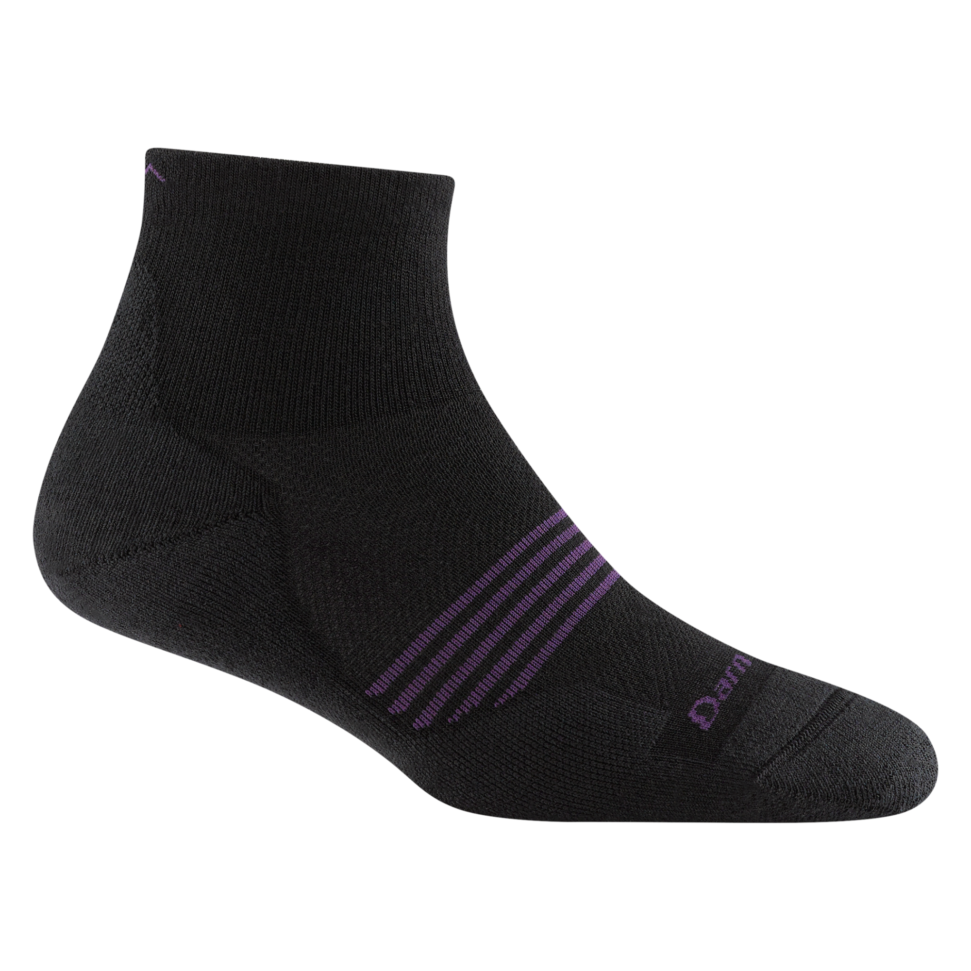 1113 women's element quarter athletic sock in color black with purple forefoot striping and darn tough signature