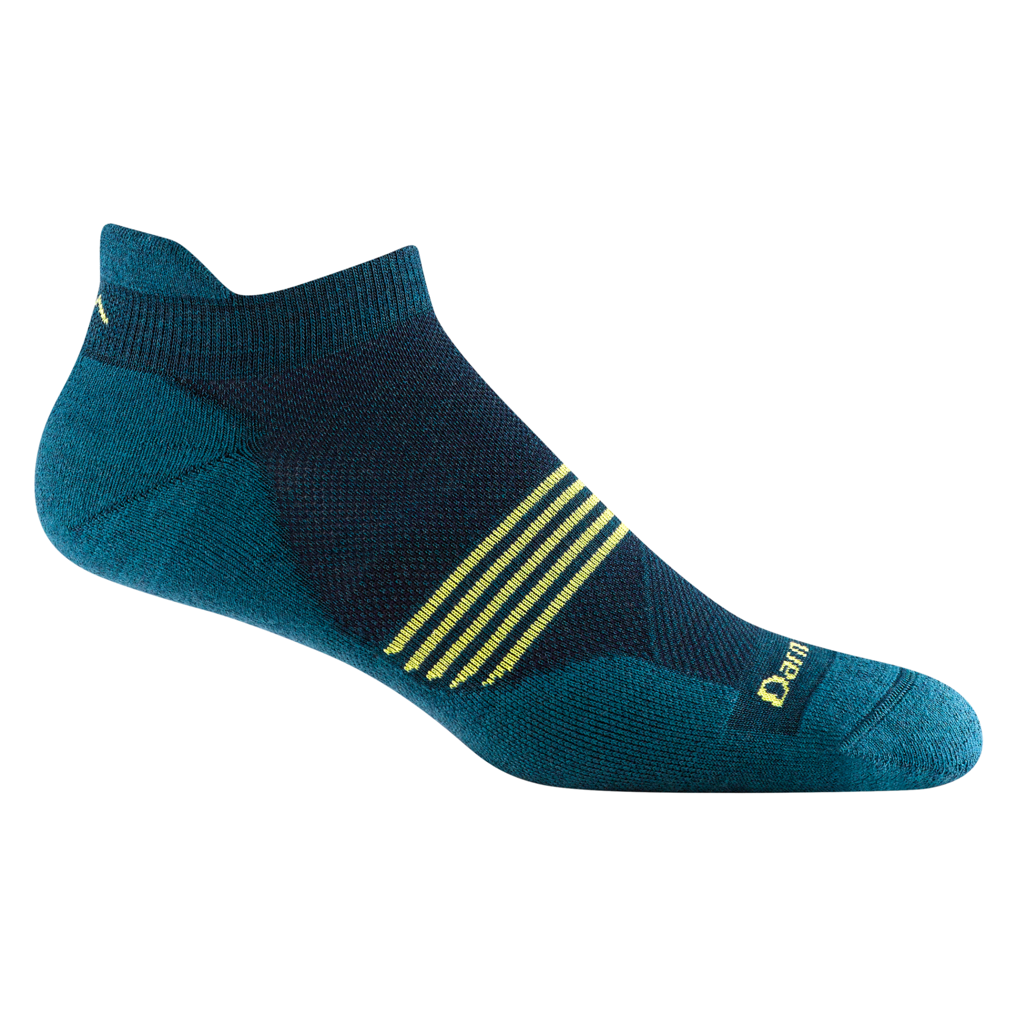 1116 men's element no-show tab running sock in dark teal with yellow horizontal forefoot striping