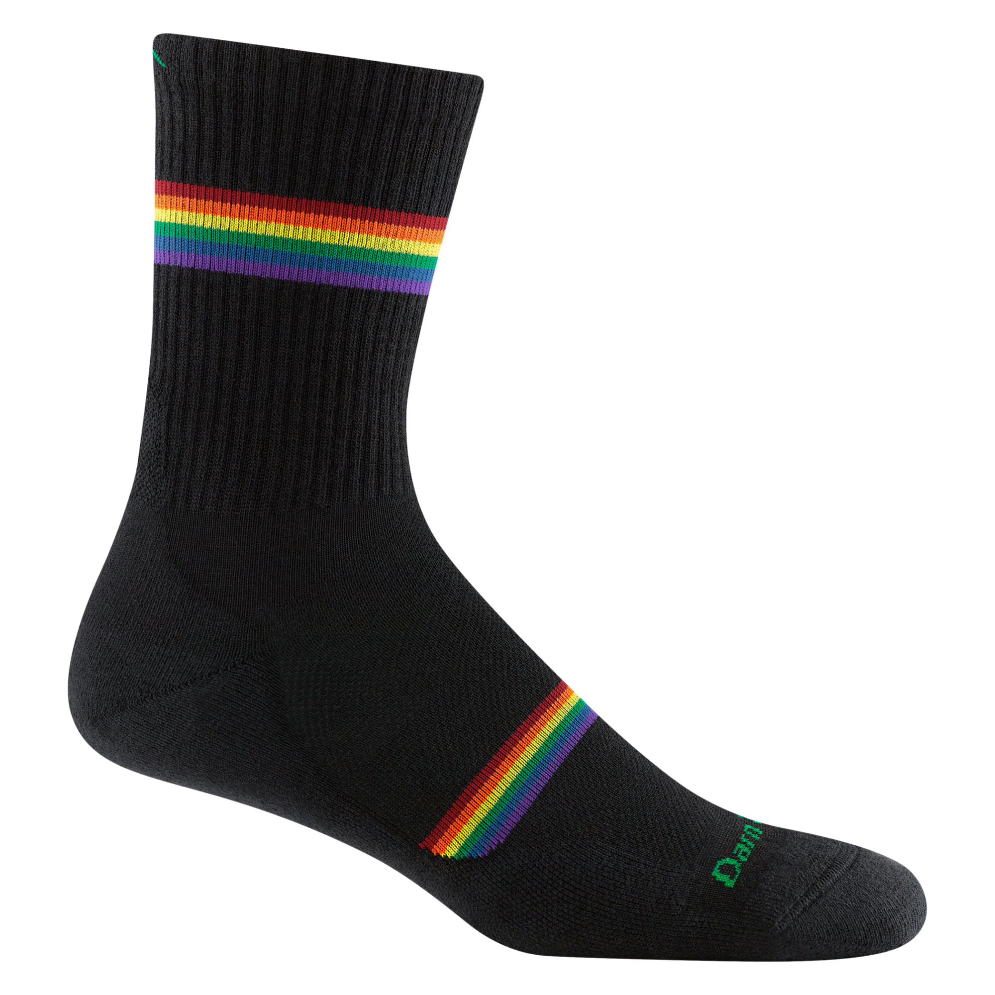 1119 men's prism micro crew running sock in black with rainbow forefoot and calf striping and green darn tough signature