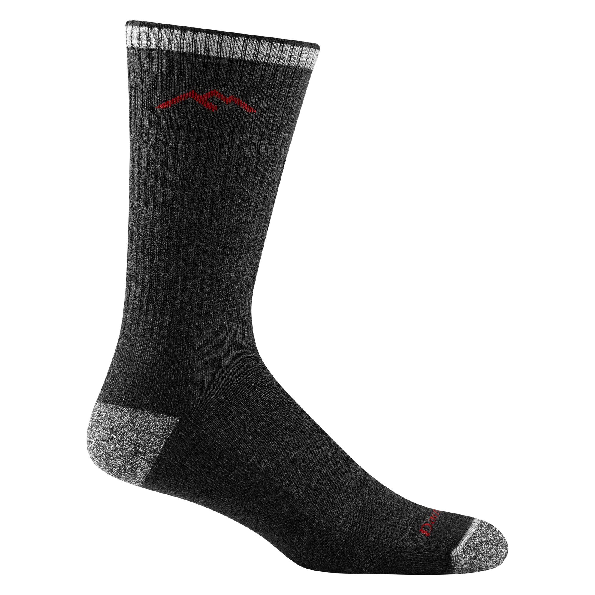 1403 men's hiking boot sock in color black with heathered gray toe/heel accents and red darn tough signature on forefoot