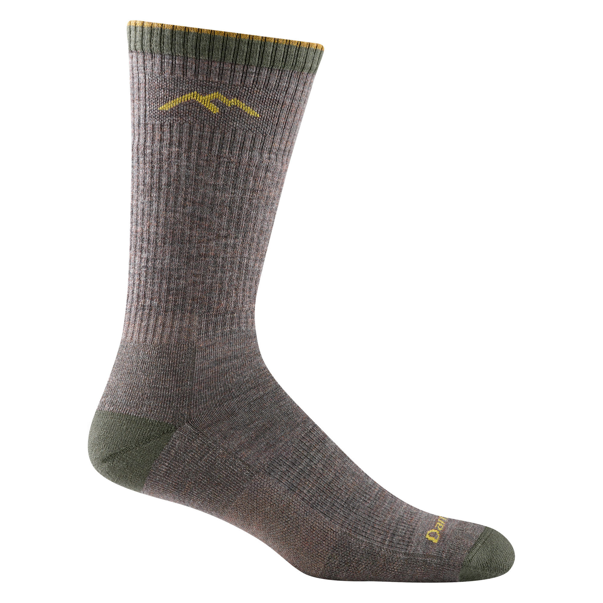 1403 men's hiking boot sock in color taupe with olive green toe/heel accents and yellow darn tough signature on forefoot