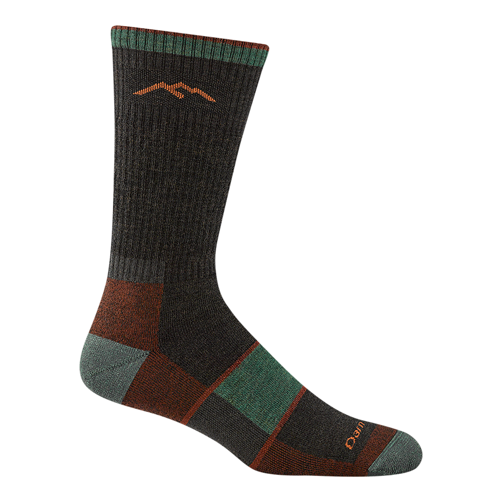 1405 men's hiking boot sock in walnut with mint green toe/heel accents and forefoot color block with 2 rust stripes

