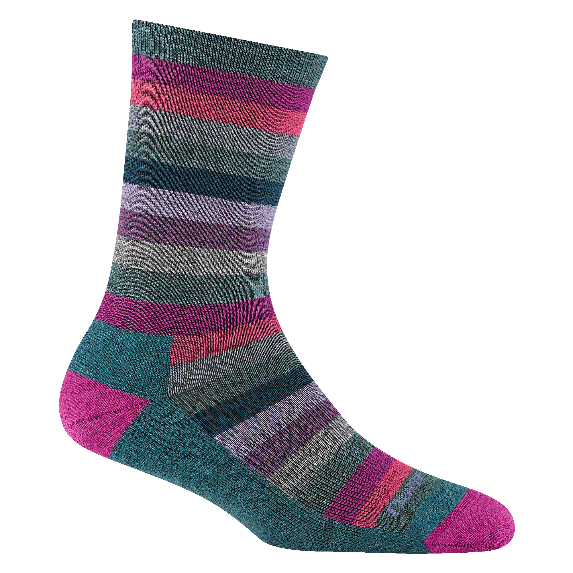 1644 women's mystic stripe crew lifestyle sock in Spruce with pink toe/heel accents and green, pink and gray striping