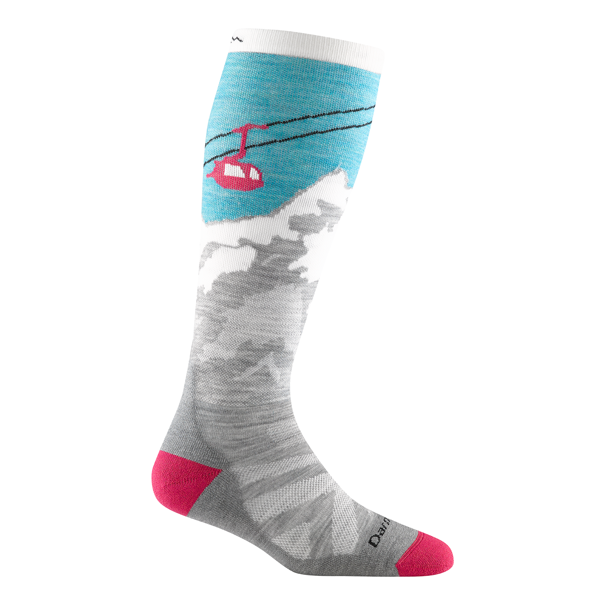 1827 women's yeti over-the-calf ski sock in aqua with pink toe/heel accents and gray mountain and pink gondola design