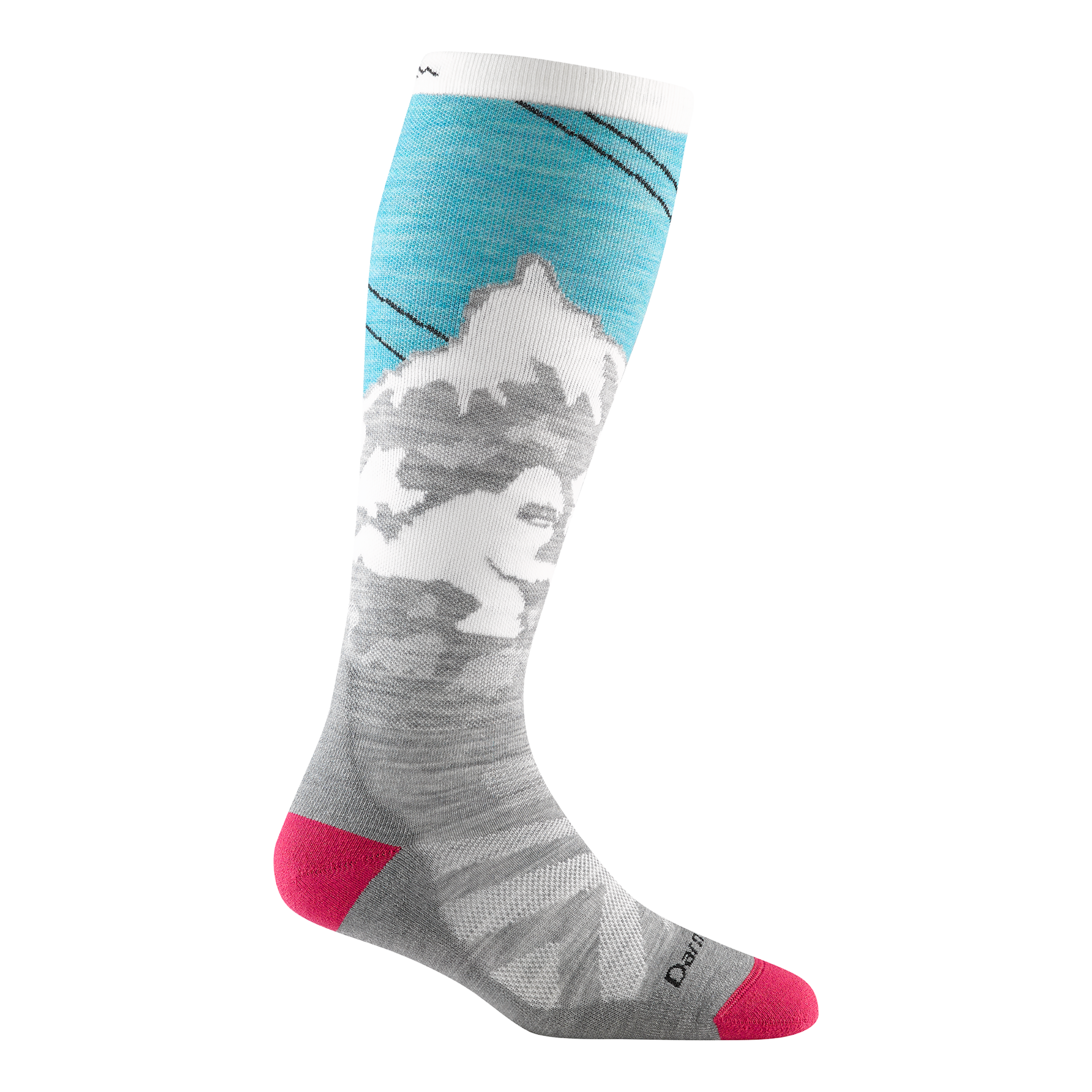 Women's yeti over-the-calf ski sock in aqua with grey chevron detailing on forefoot and mountain scape design