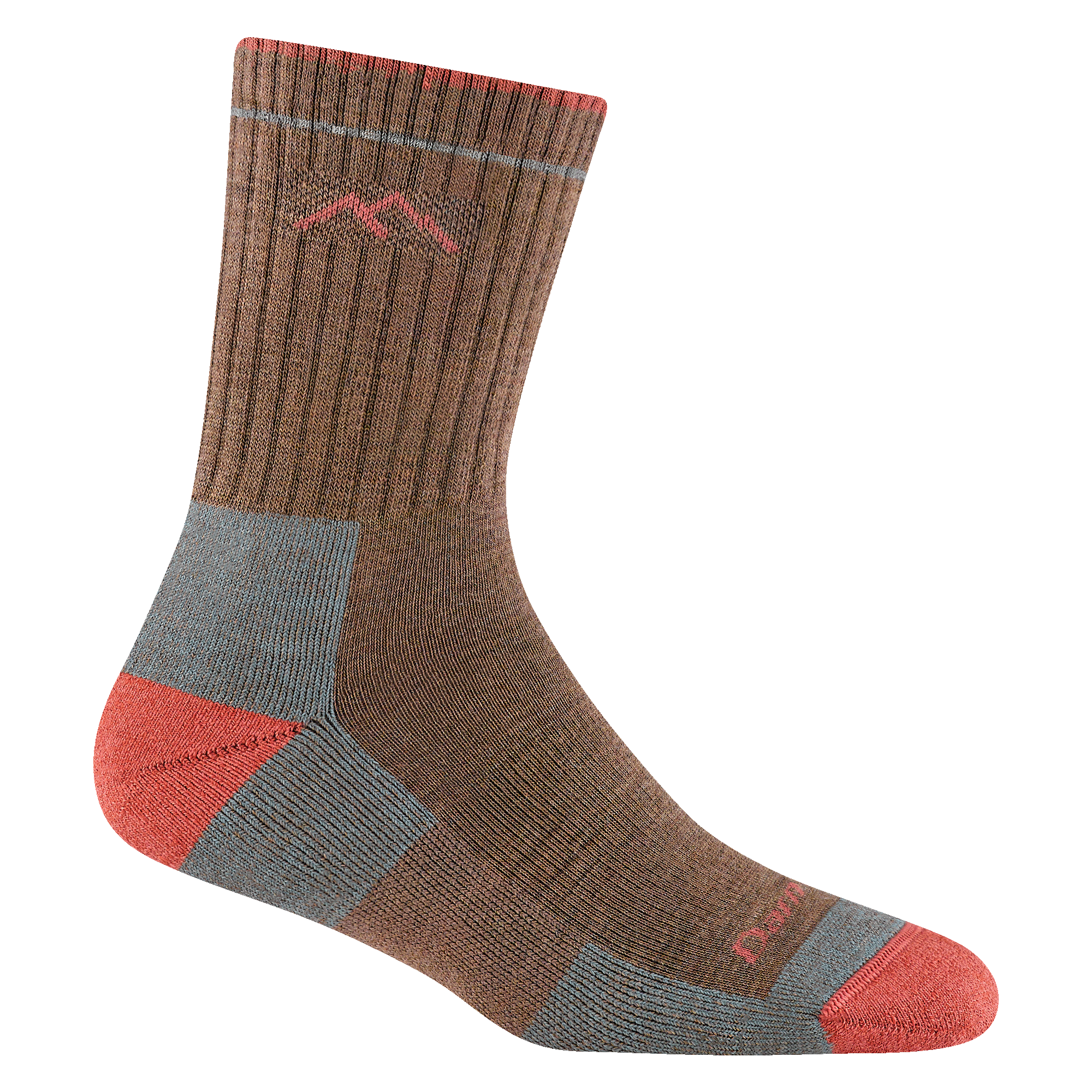 1903 women's hiker micro crew hiking sock in Bark with rose toe/heel accents and darn tough mountain detail