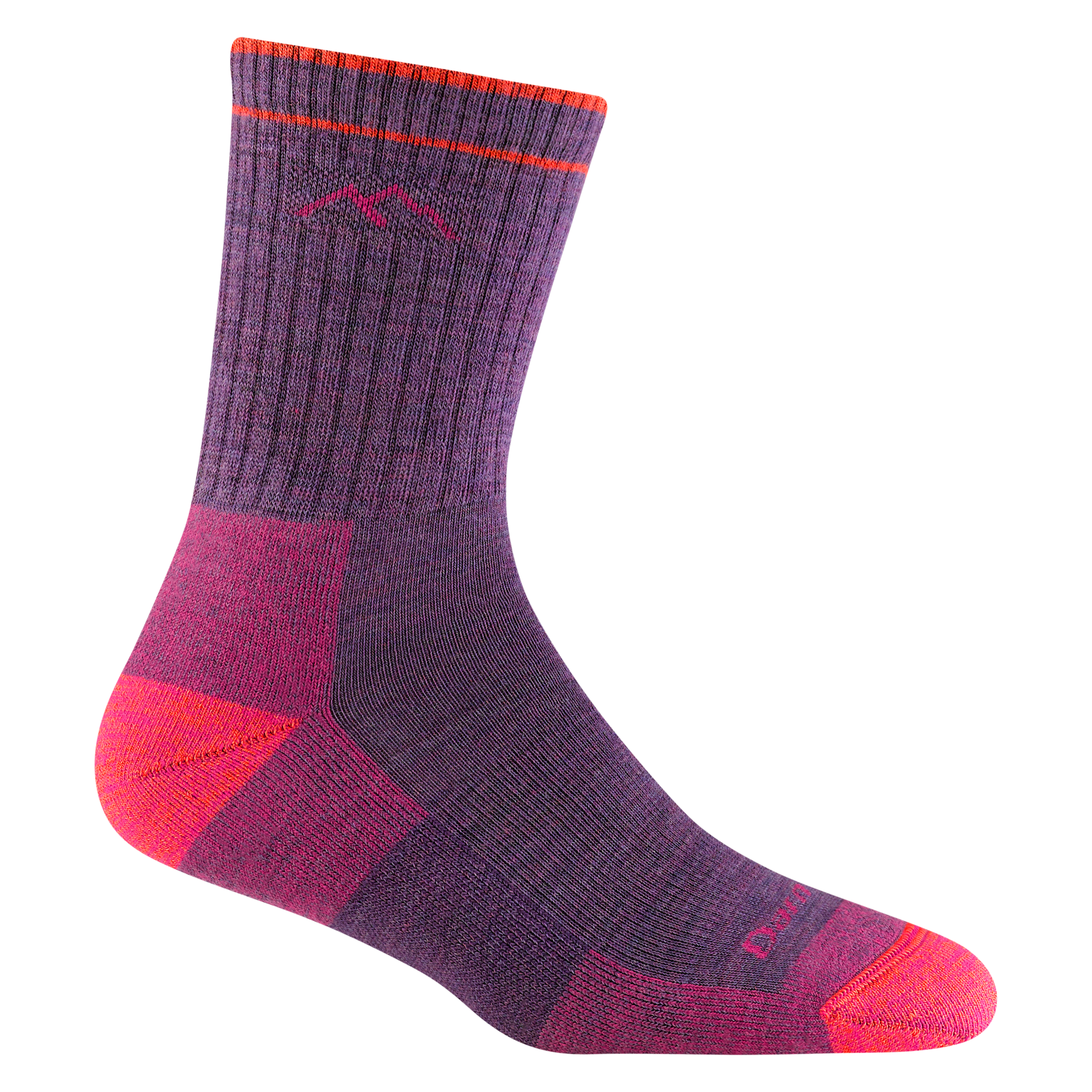 1903 women's hiker micro crew hiking sock in plum heather with pink toe/heel accents and darn tough mountain detail