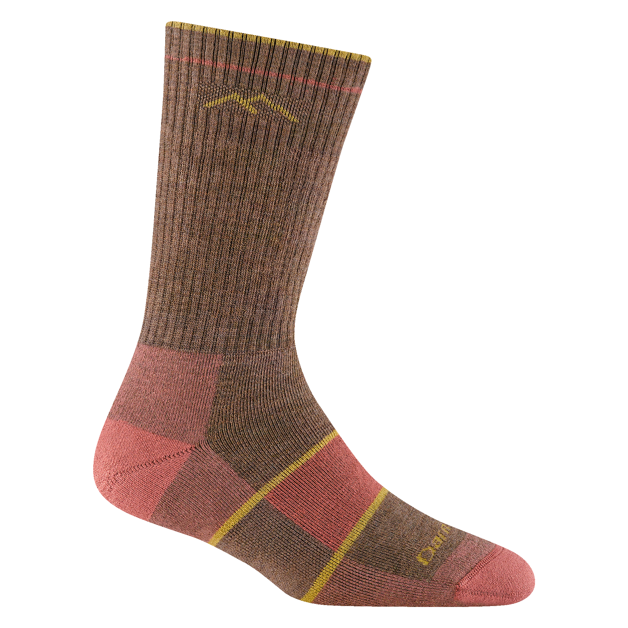 1908 women's hiking boot sock in color Bark with peach toe/heel accents and yellow details