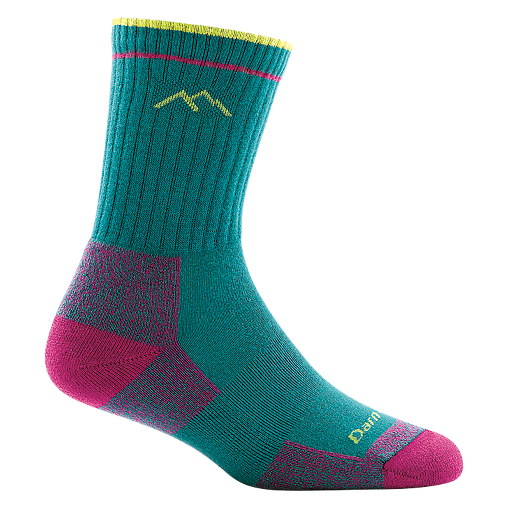 1929 women's coolmax micro crew hiking sock in teal with pink toe/heel accents and lime green mountain logo