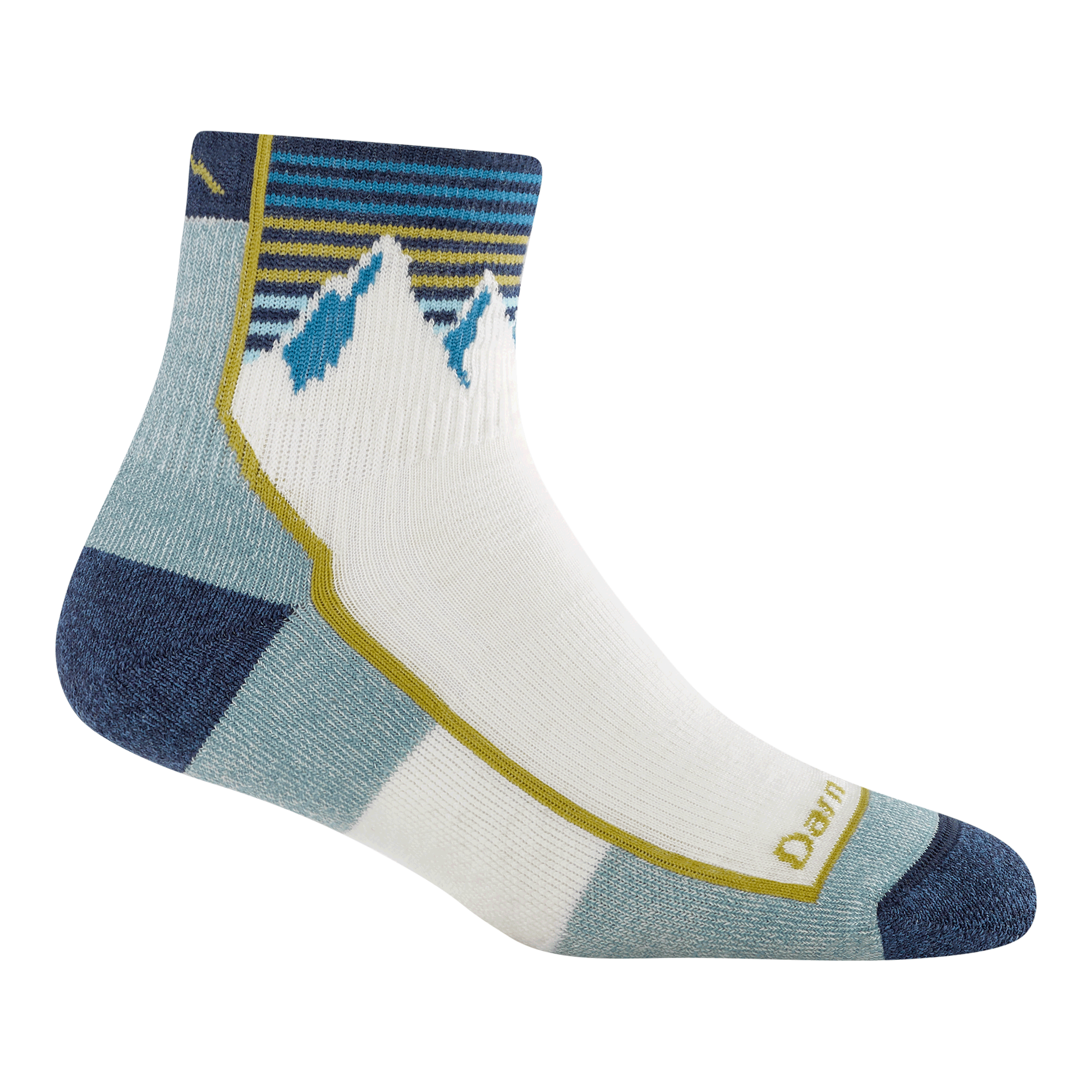 1958 quarter hiking sock in mountain white featuring navy toe/heel white body and mountain and stripes on the cuff