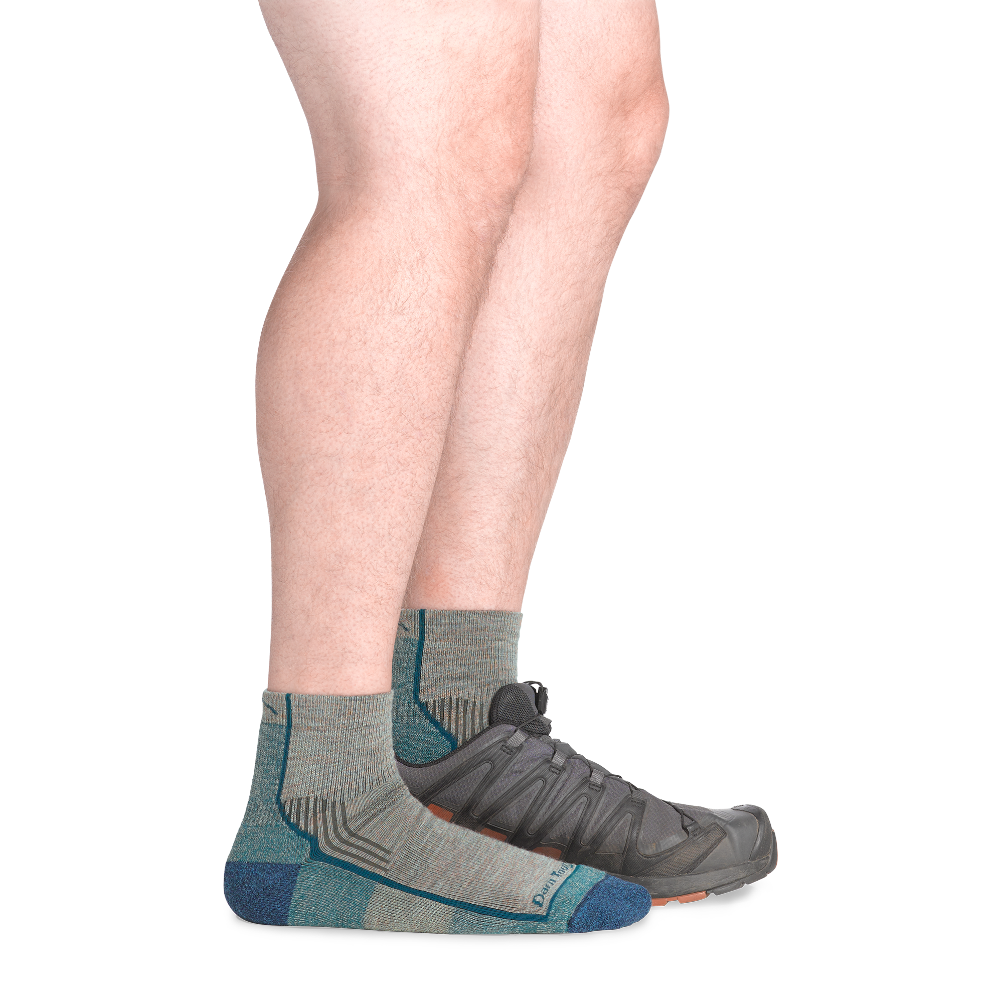 on model image with back foot in shoe wearing the 1959 quarter midweight hiker in rye colorway