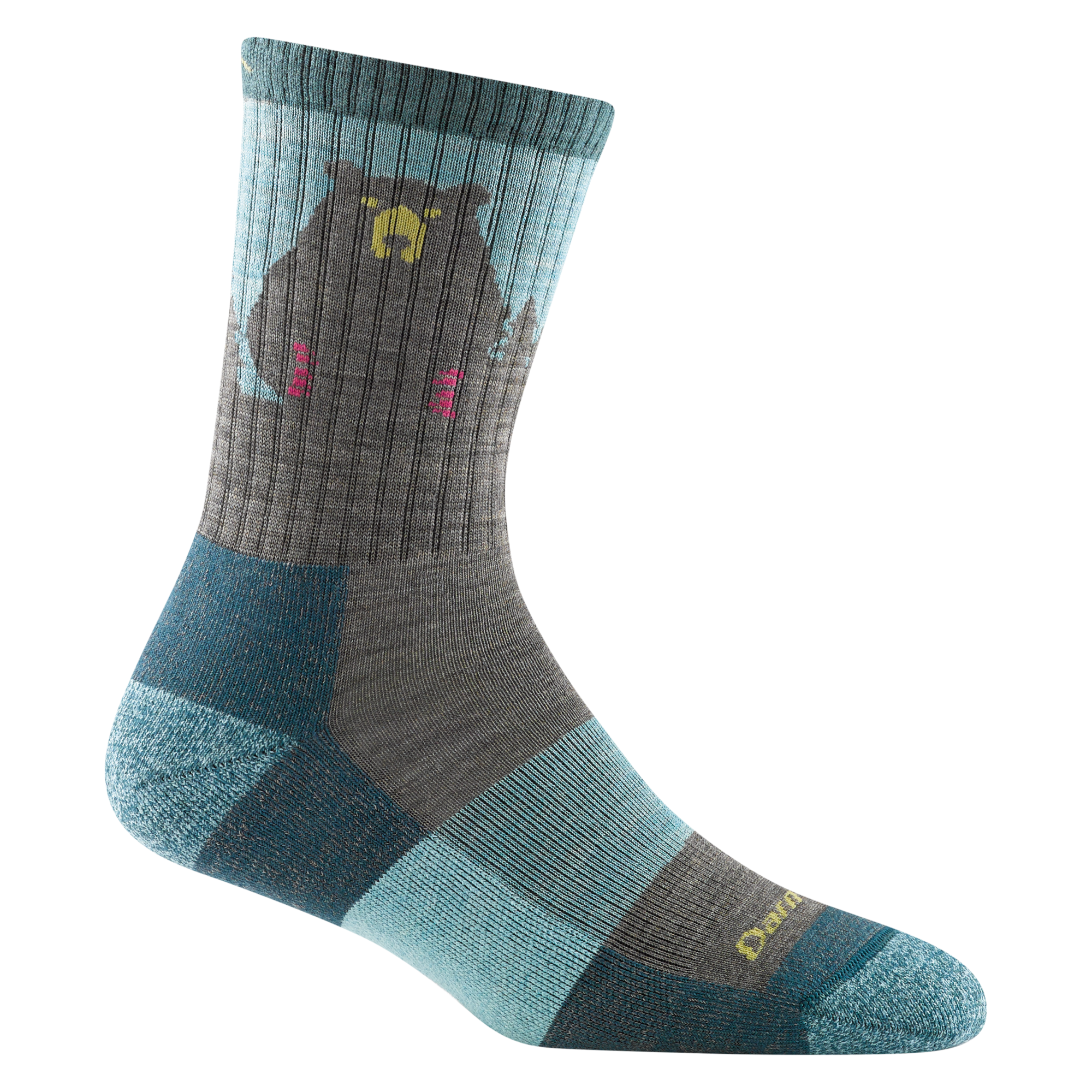 1970 women's bear town micro crew hiking sock in color aqua with light blue toe/heel accents and gray bear design on calf