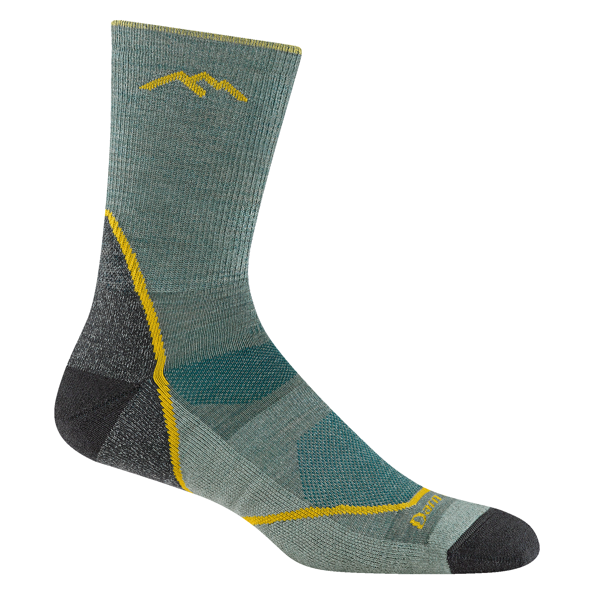 1972 men's light hiker micro crew hiking sock in color seafoam with blackheel/toes and yellow stripe on heel and forefoot