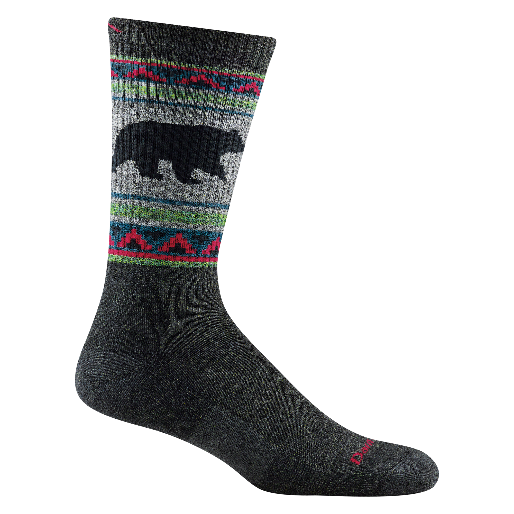 1980 men's vangrizzle boot hiking sock in color charcoal with green/blue/red striping around calf and black bear design