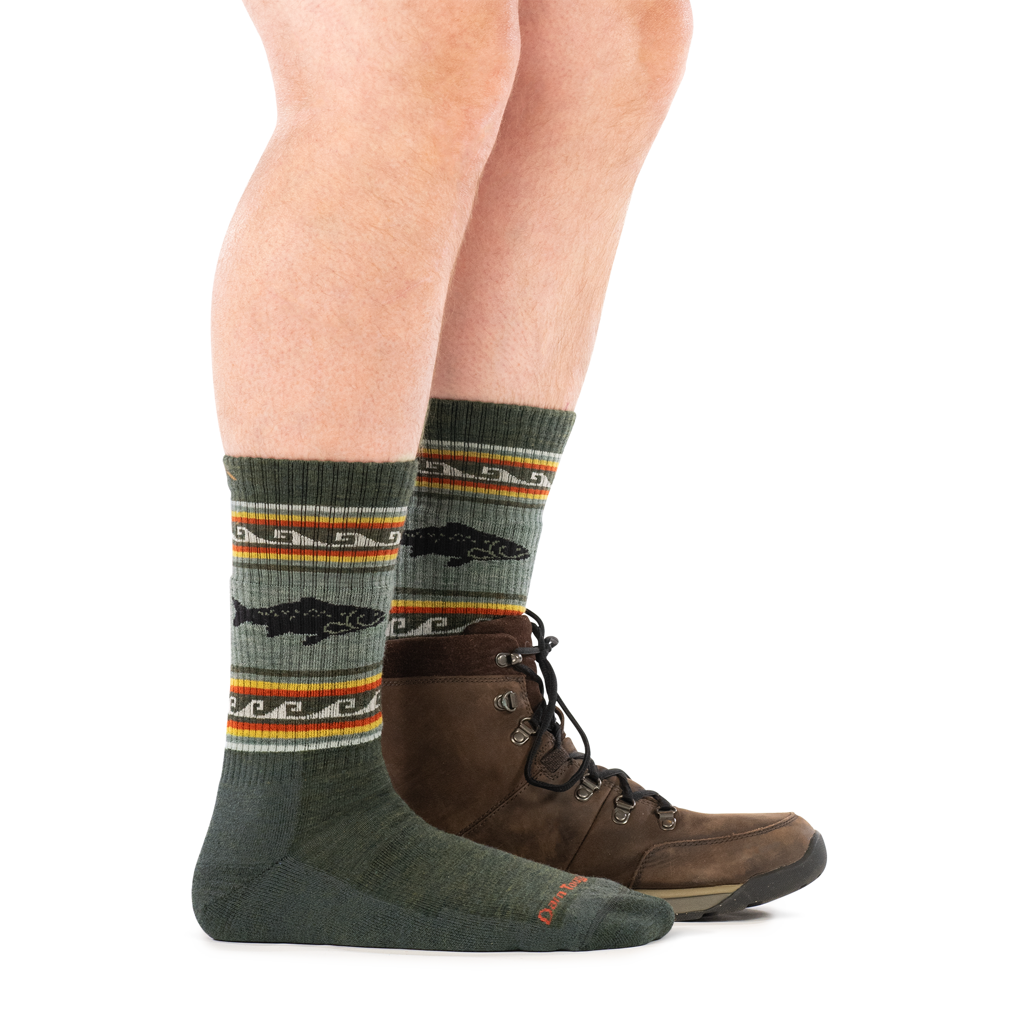 model wearing hiking boot on back foot and 1980 trout river boot midweight with cushion sock side profile