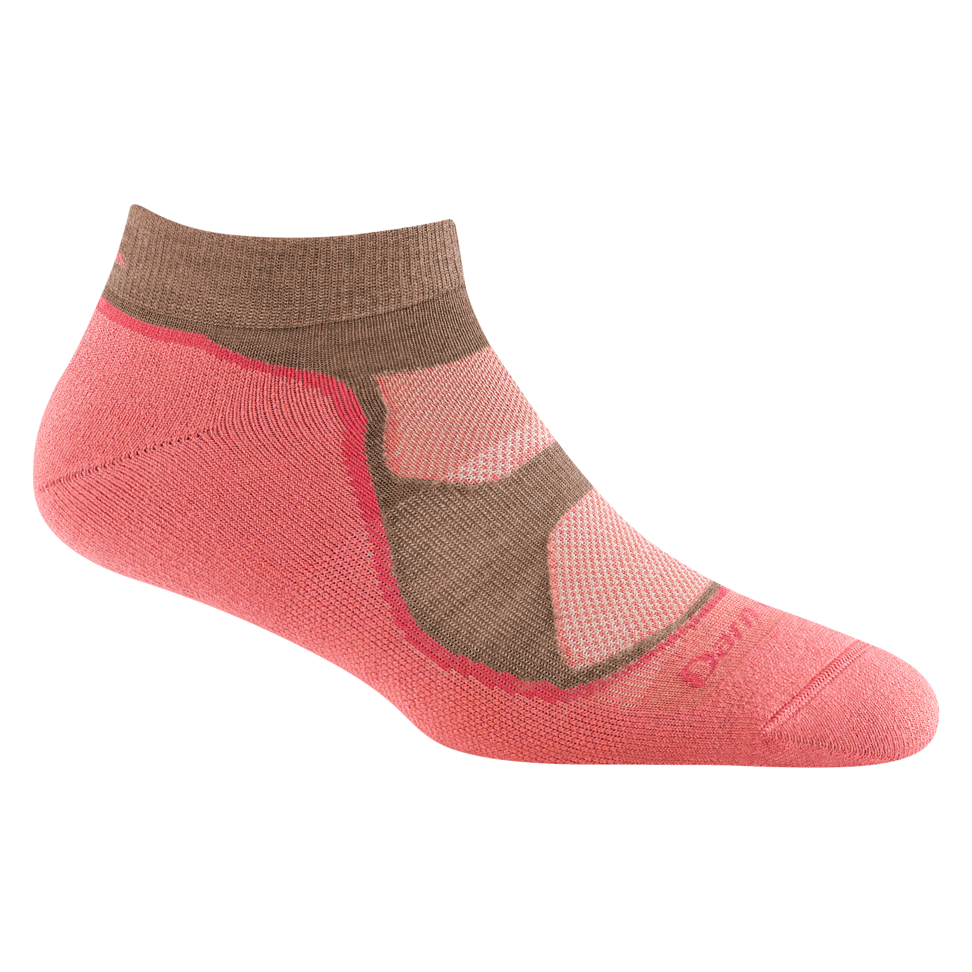 1987 women's light hiker no show hiking sock in Canyon with pink underfoot and bark forefoot outline