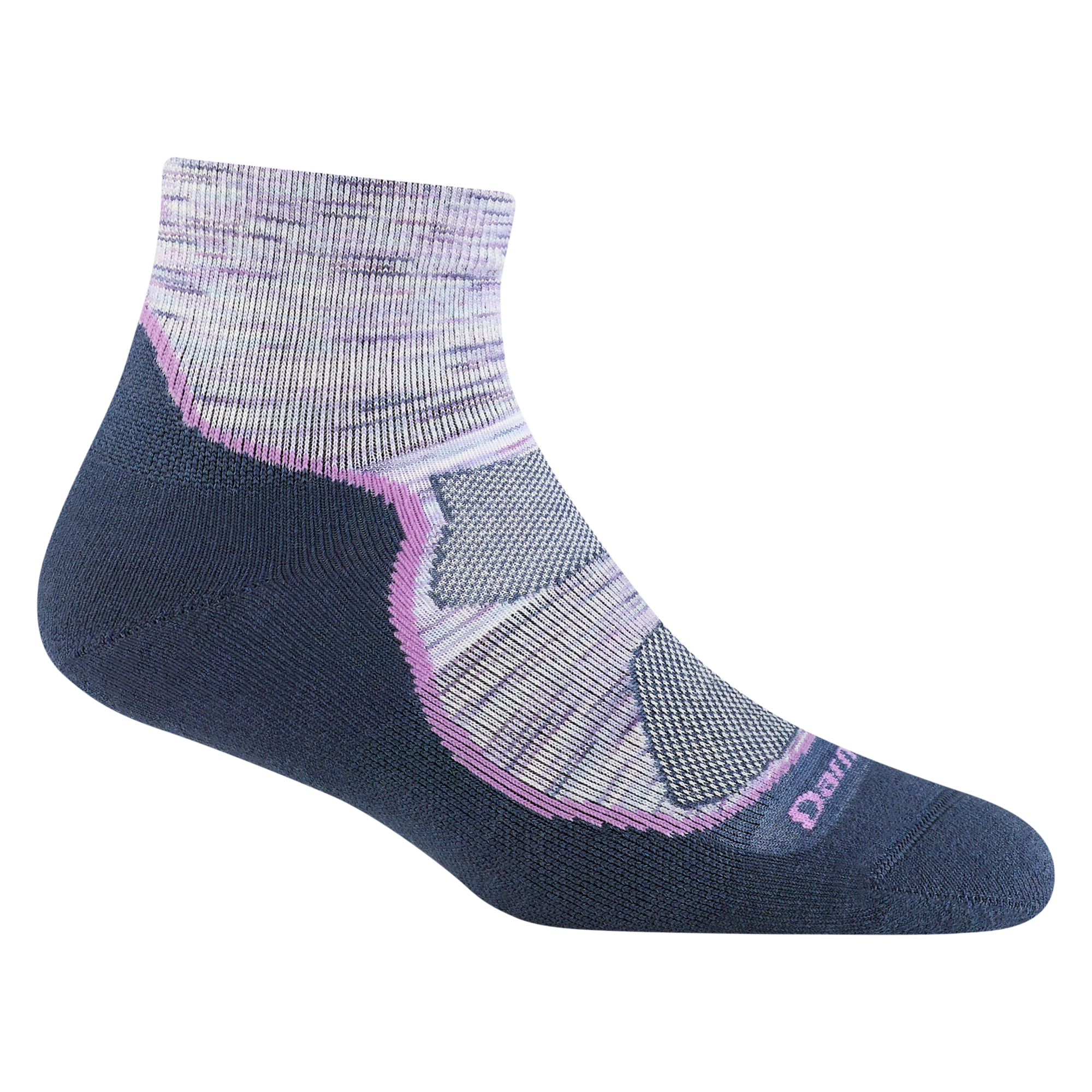 1987 women's light hiker quarter hiking sock in cosmic purple with navy underfoot accents and purple forefoot outline