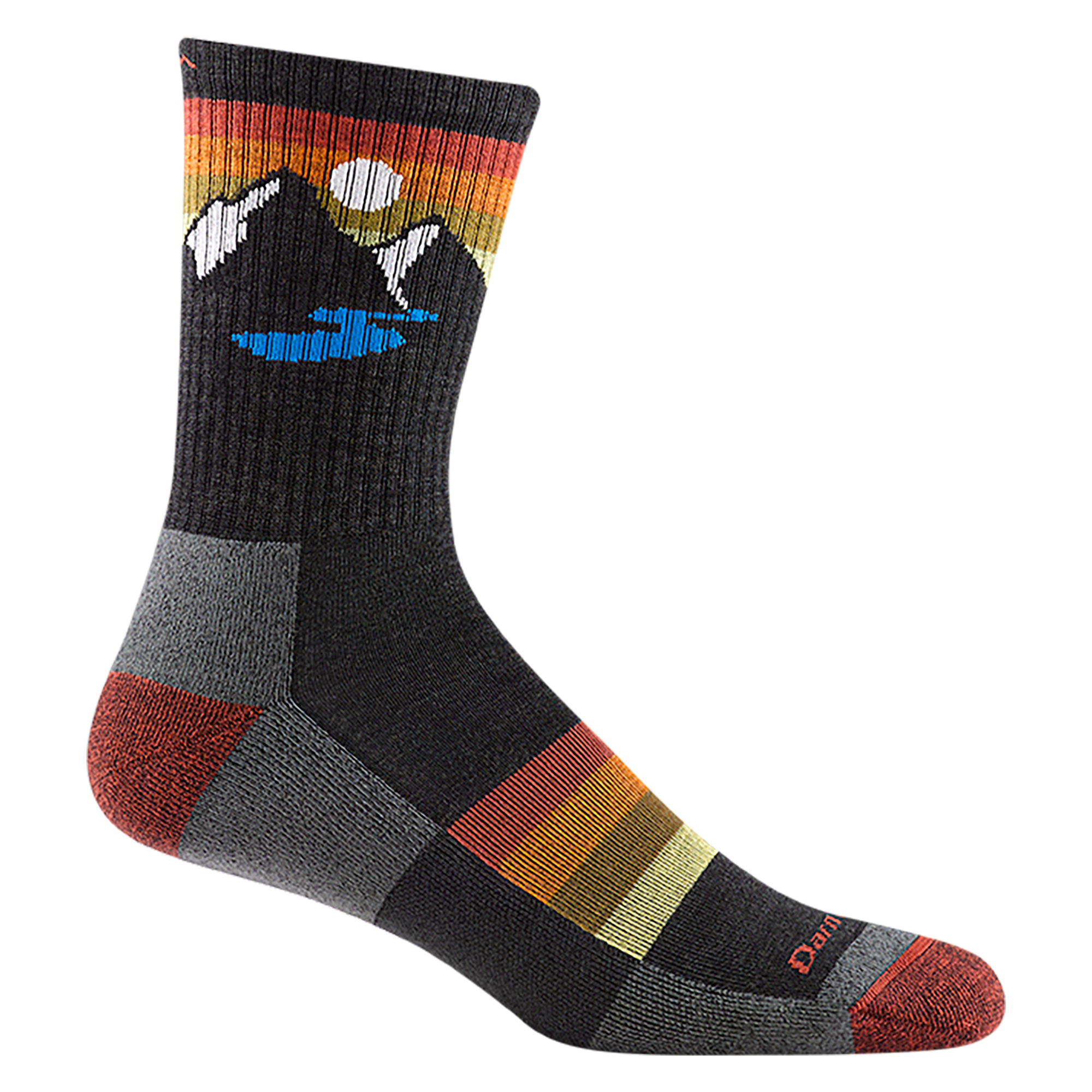 1997 men's sunset ridge micro crew hiking sock in charcoal with red accents, warm toned stripes, and mountain design