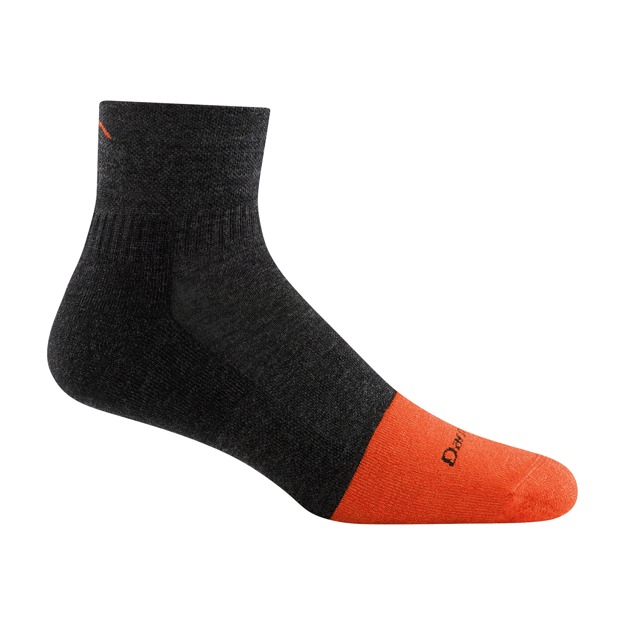 2017 men's steely quarter work sock in graphite gray with bright orange toe accent and small mountain detail on ankle