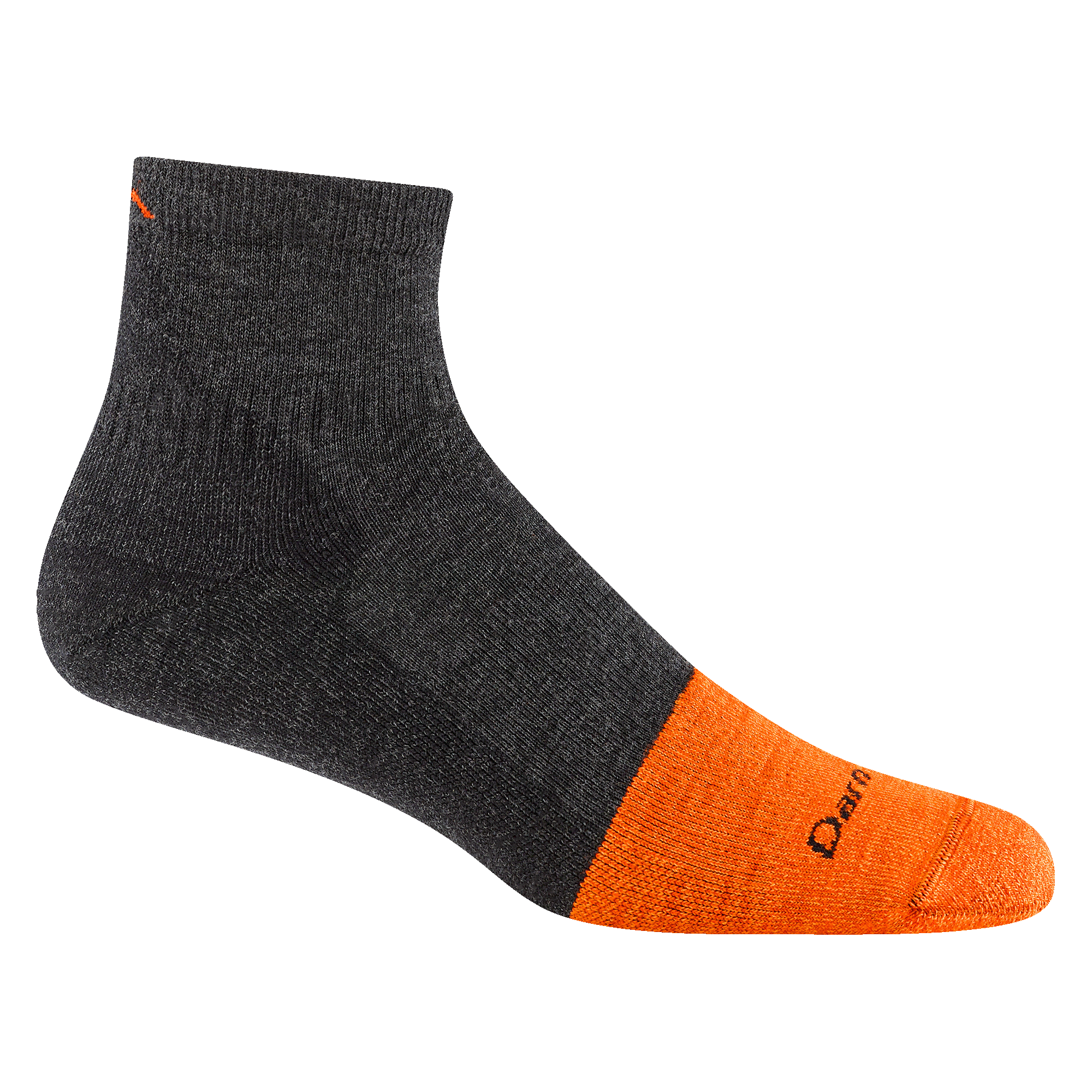 2017 men's steely quarter work sock in graphite gray with bright orange toe accent and small mountain detail on ankle
