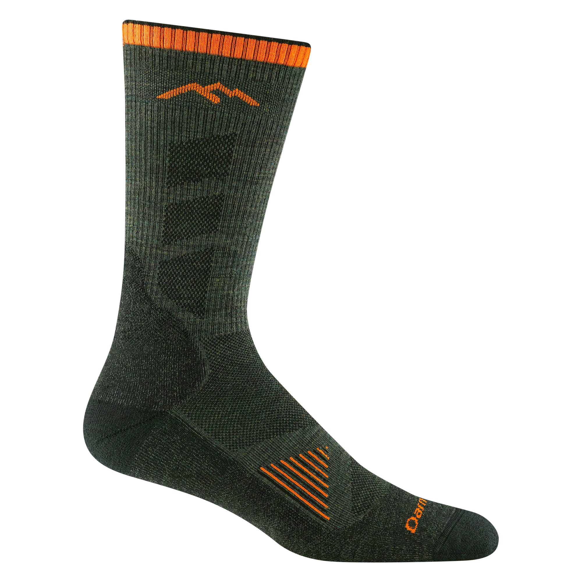 Product image of 2108 Men's Hunting Lightweight Sock featuring orange Darn Tough logo and wordmark accents with orange vents on the instep of the sock with dark green body. 