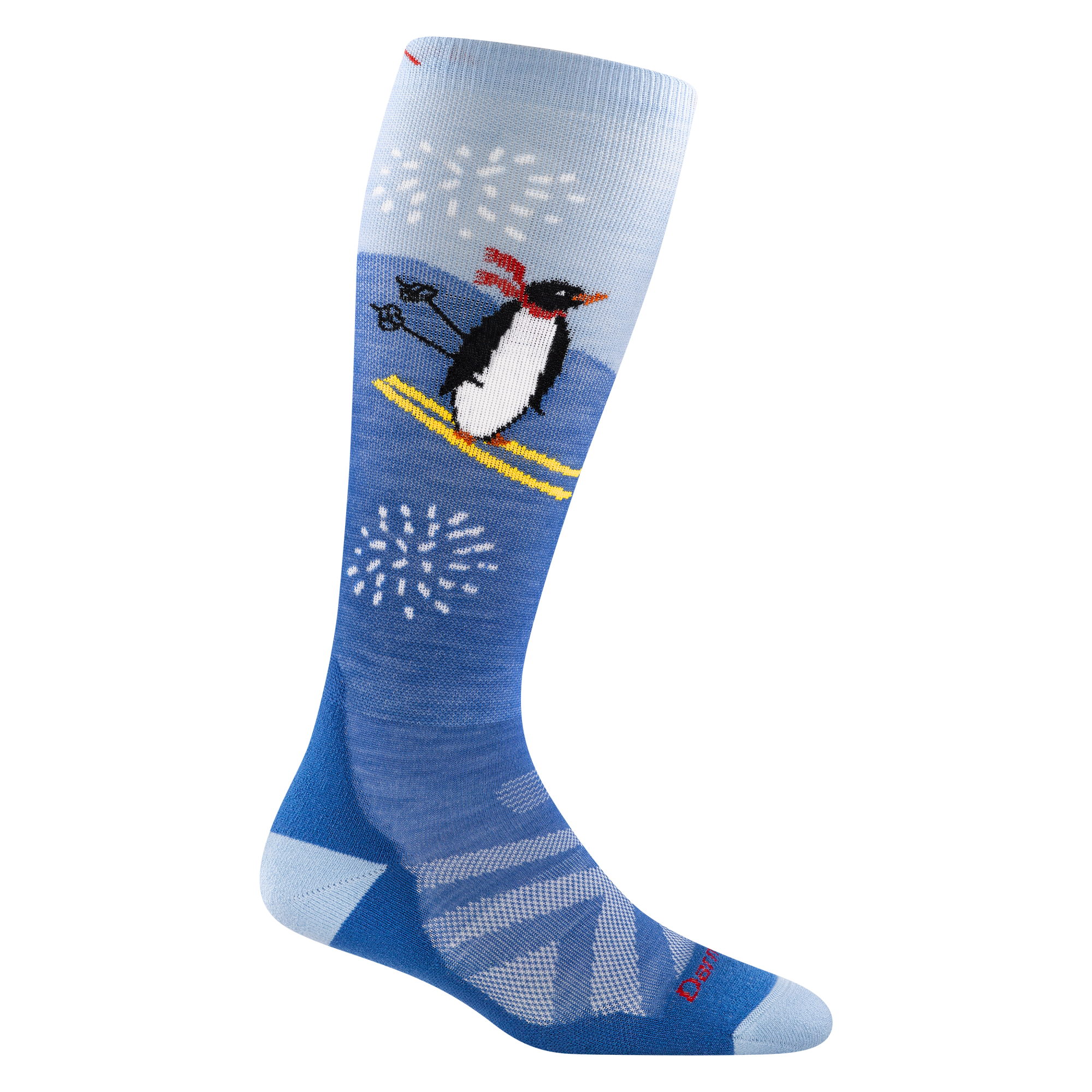 3808 penguin peak in stellar featuring a light blue heel/toe and a skiing penguin on the calf