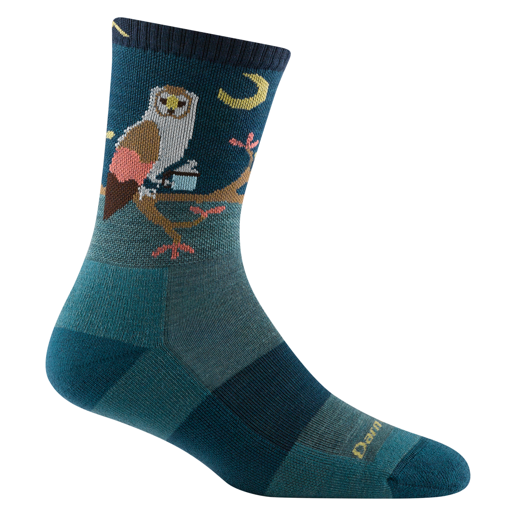 Reverse side of women's critter club micro crew hiking sock in color teal with owl and moon design on ankle