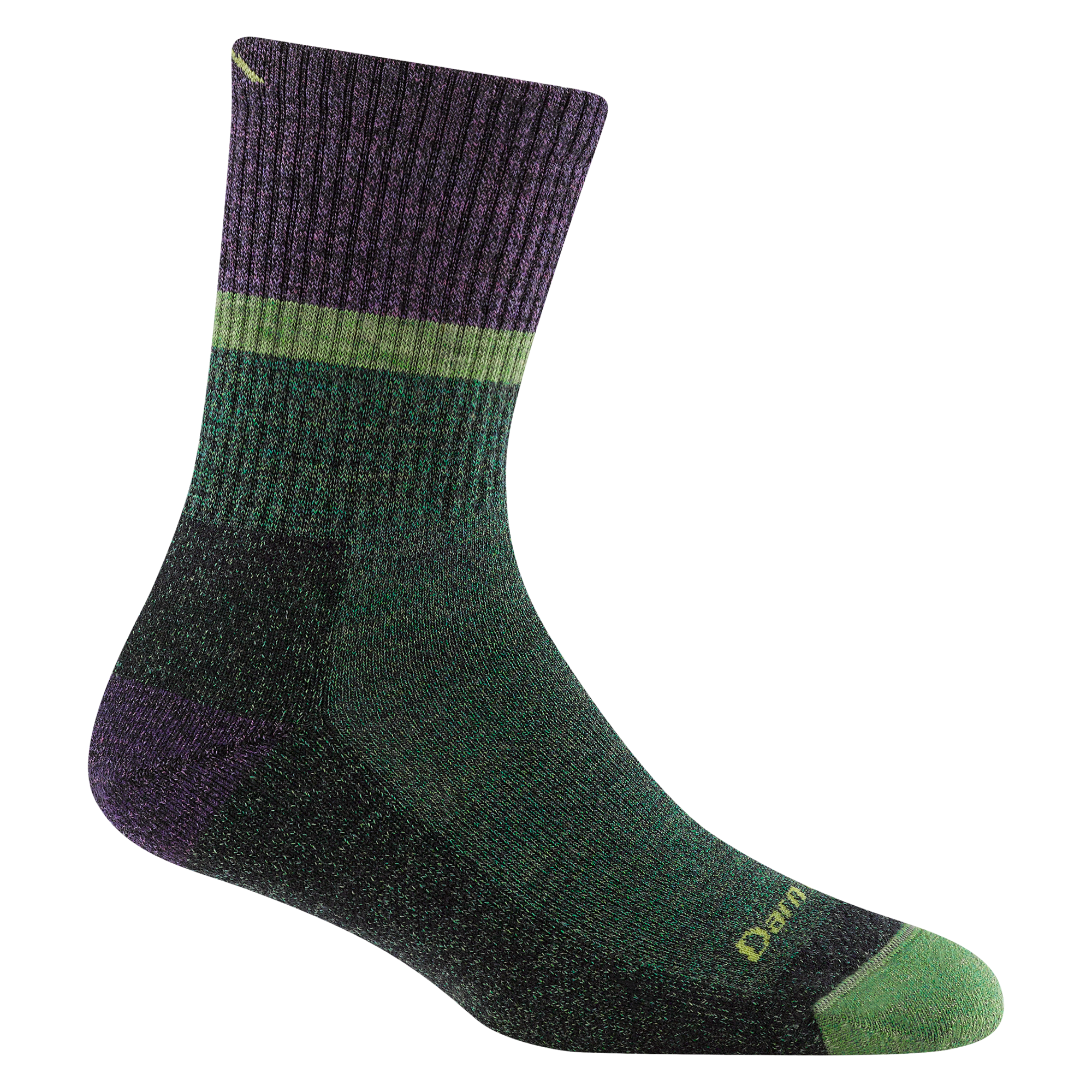 5002 women's ranger micro crew hiking sock in color moss with green toe, red heel, purple and green around calf
