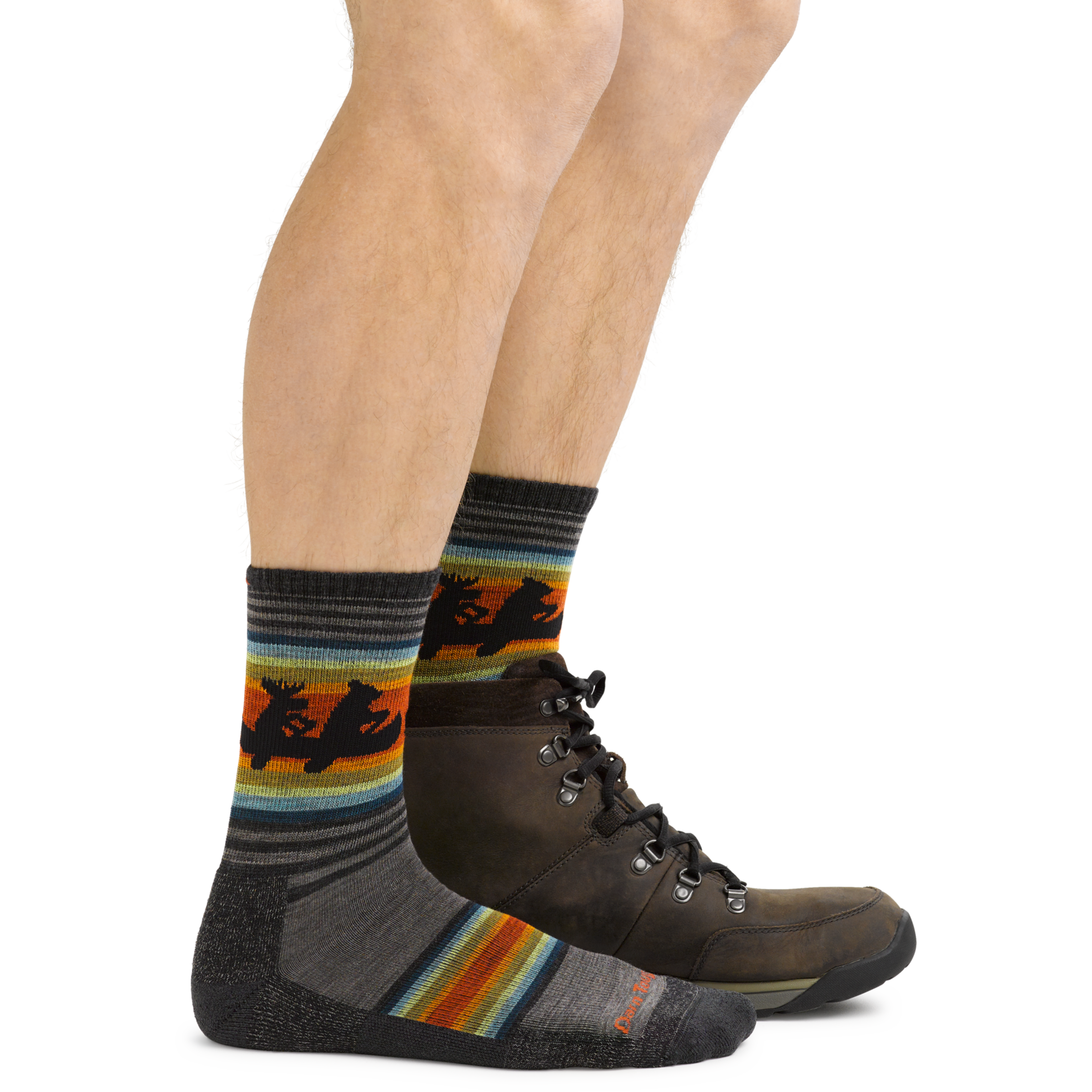 5003 men's Willoughby hiking socks with a canoeing bear and moose design in taupe brown on foot with hiking boots