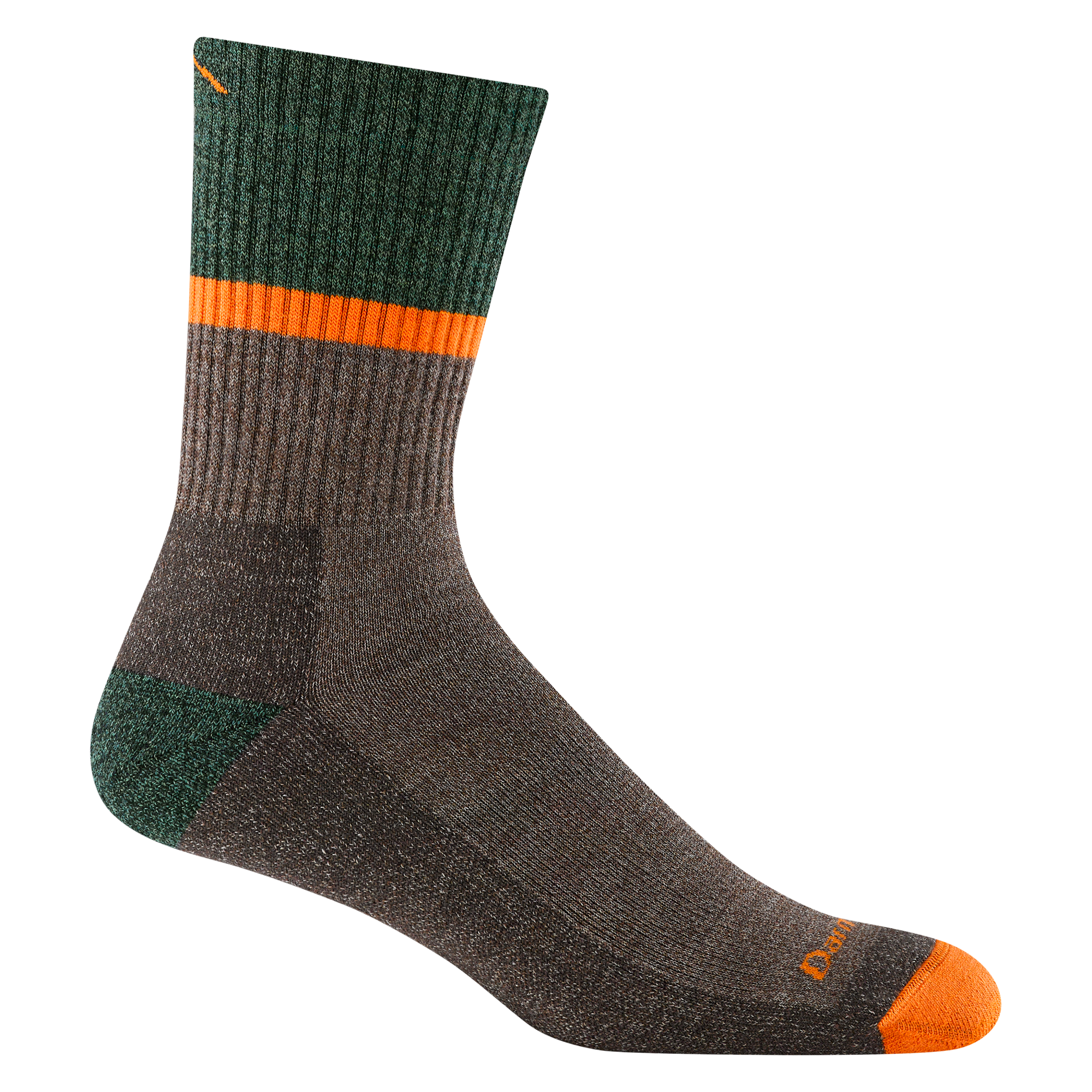 5004 men's ranger micro crew hiking sock in brown with orange toe, green heel, orange stripe and green block around calf