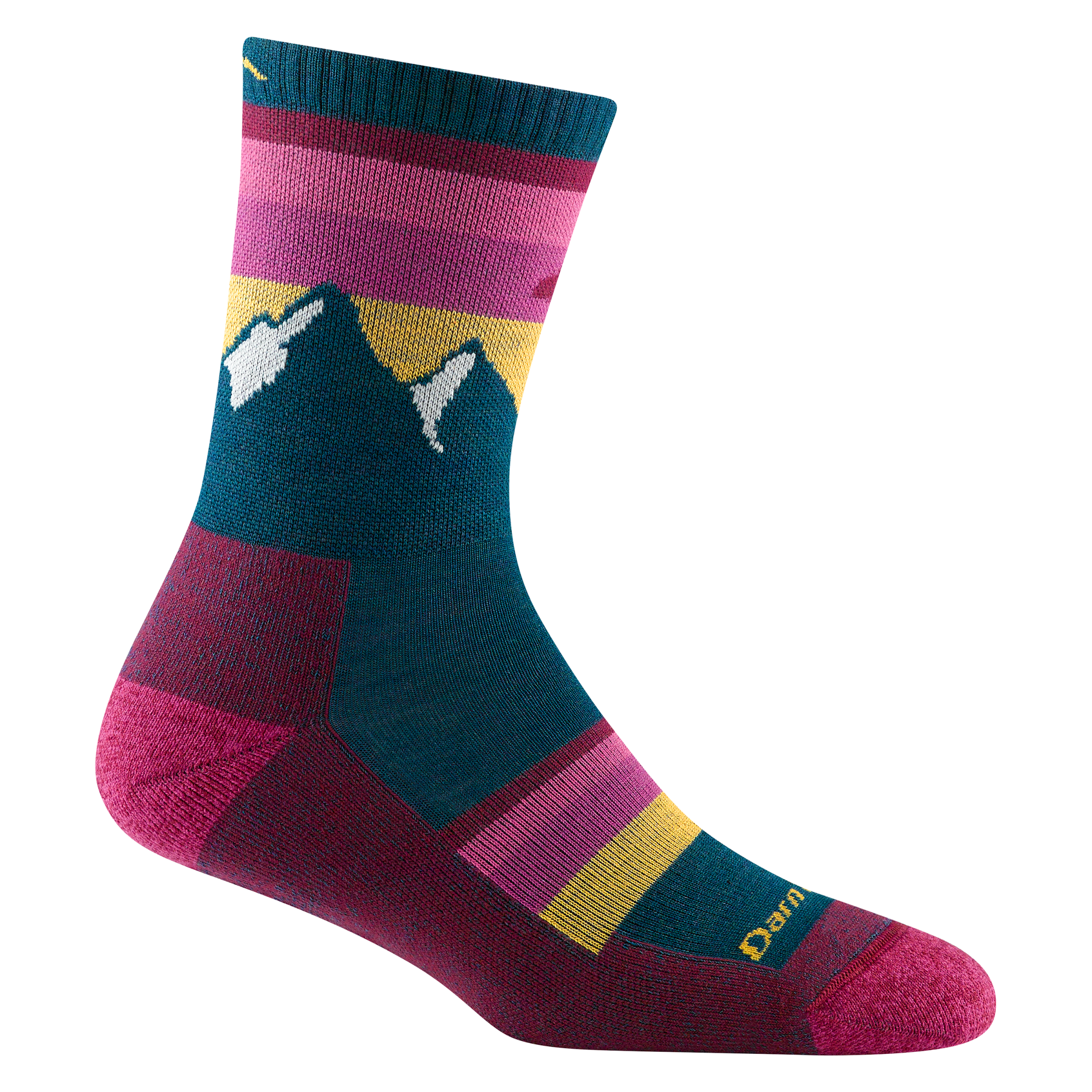 Reverse side of women's sunset ledge micro crew hiking sock in dark teal with yellow and pink forefoot striping
