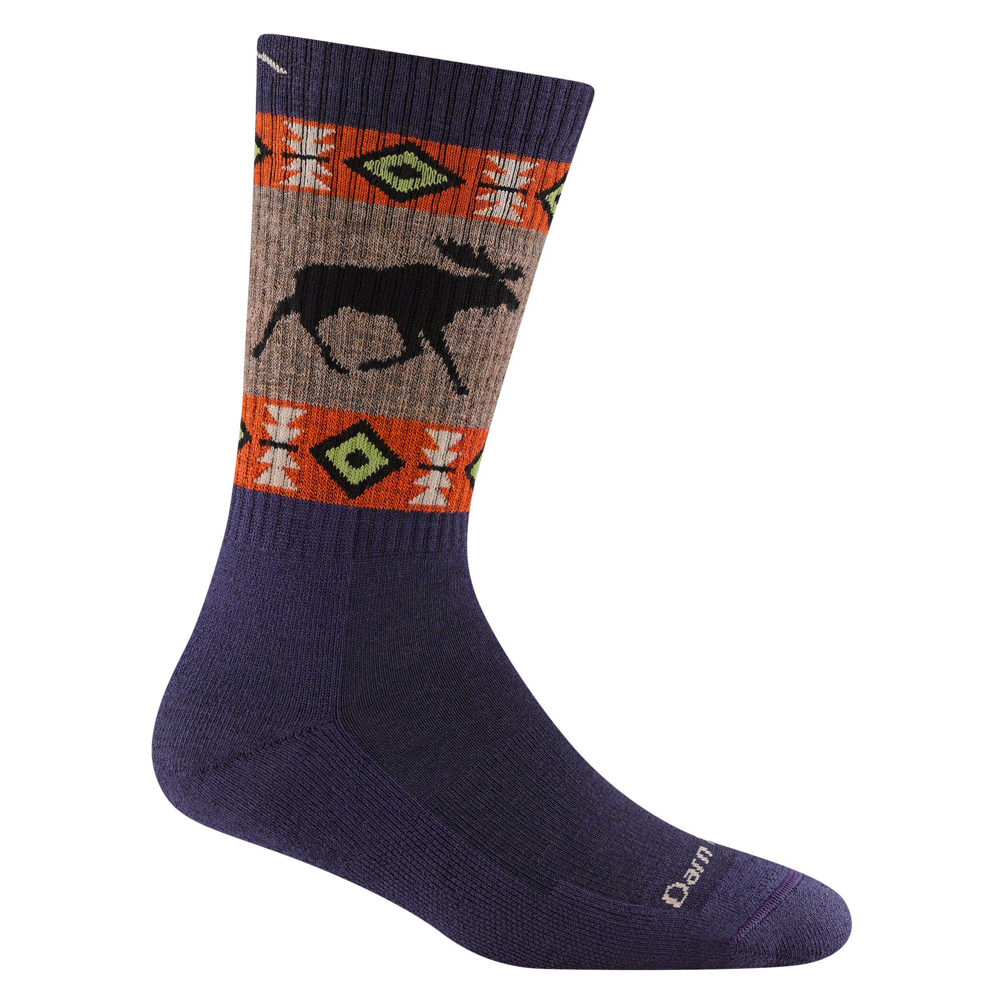 5017 vanna grizzle boot sock in blackberry puple with orange stripe and design  with a moose on the calf