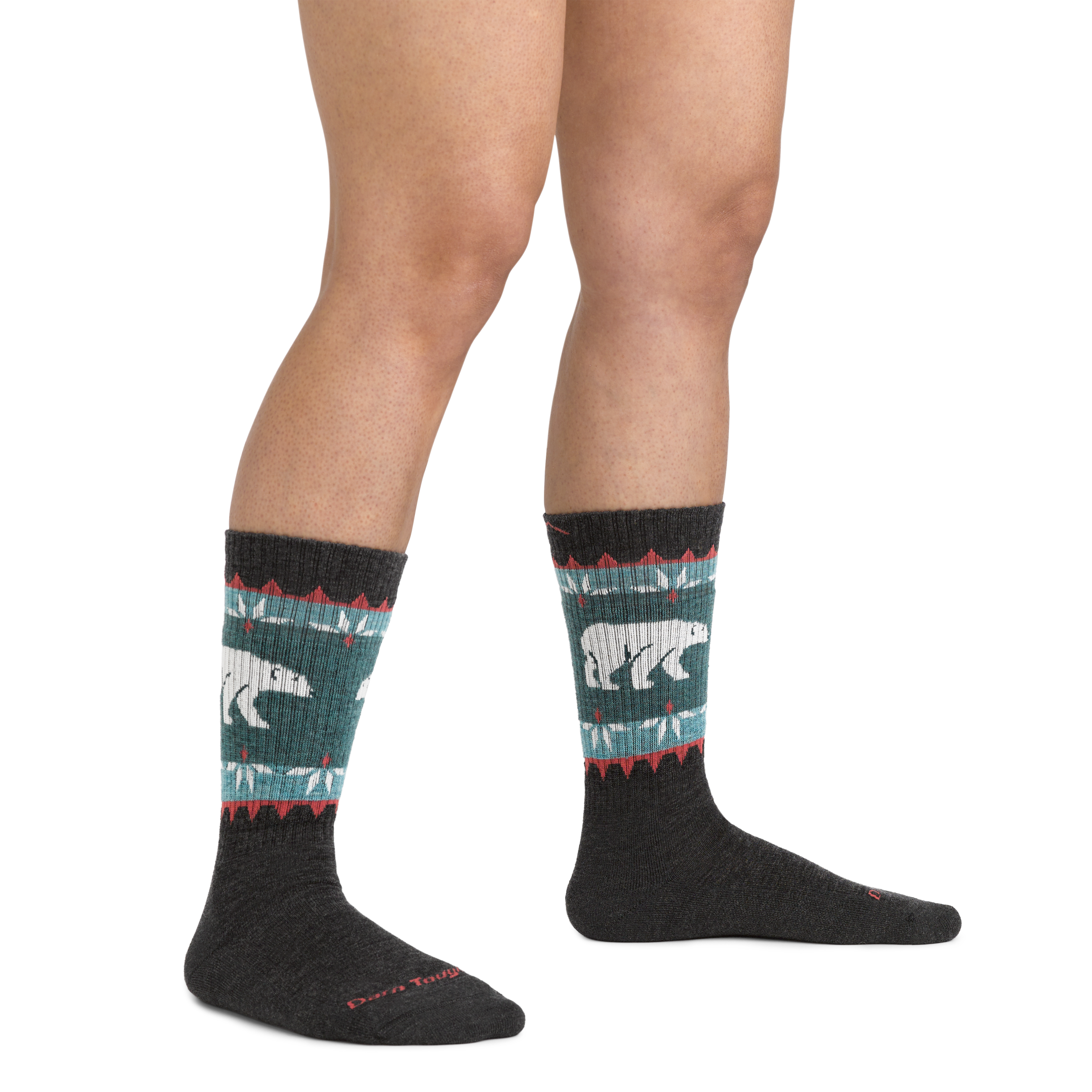 On model image of 5017 Vanna Grizzle Hiking Socks in Charcoal colorway featuring  blue and red retro pattern and polar bear