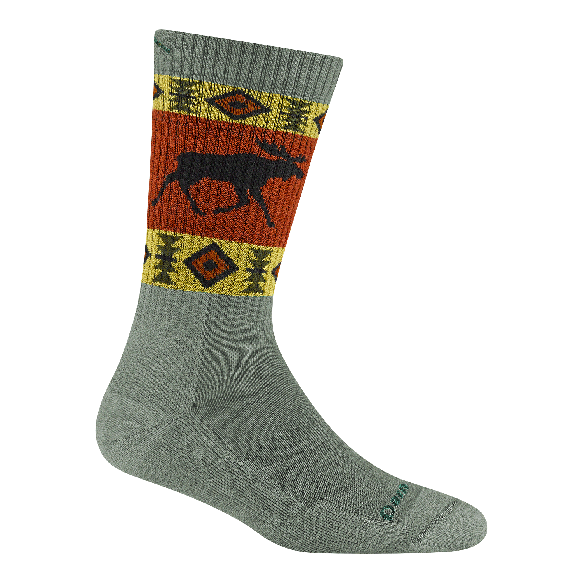 5017 vanna grizzle boot sock in moosemeadow green with yellow stripe and design with a moose on the calf