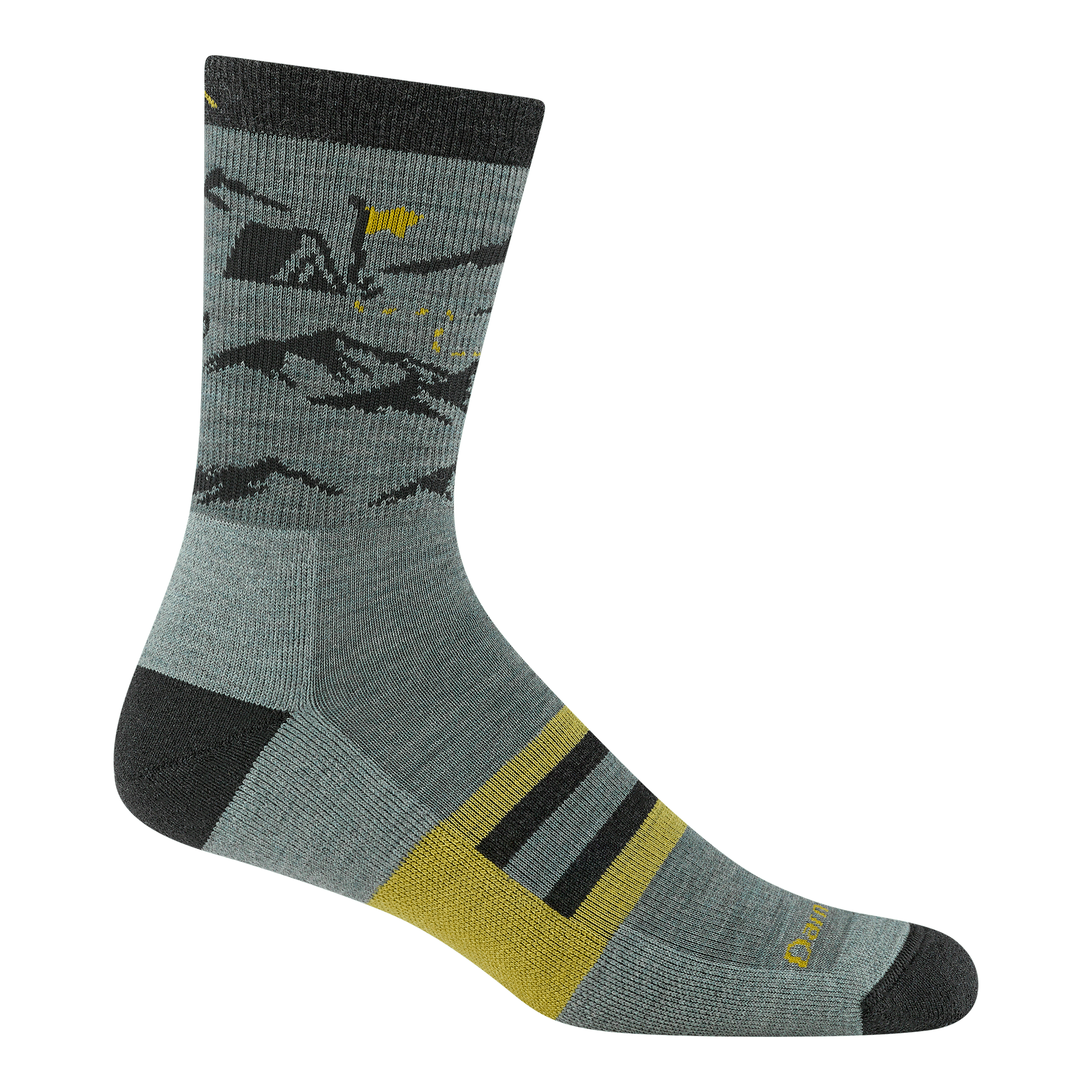 5021 hike hike hut in seafoam with mountain and tents on the ankle black heel/toe yellow logo