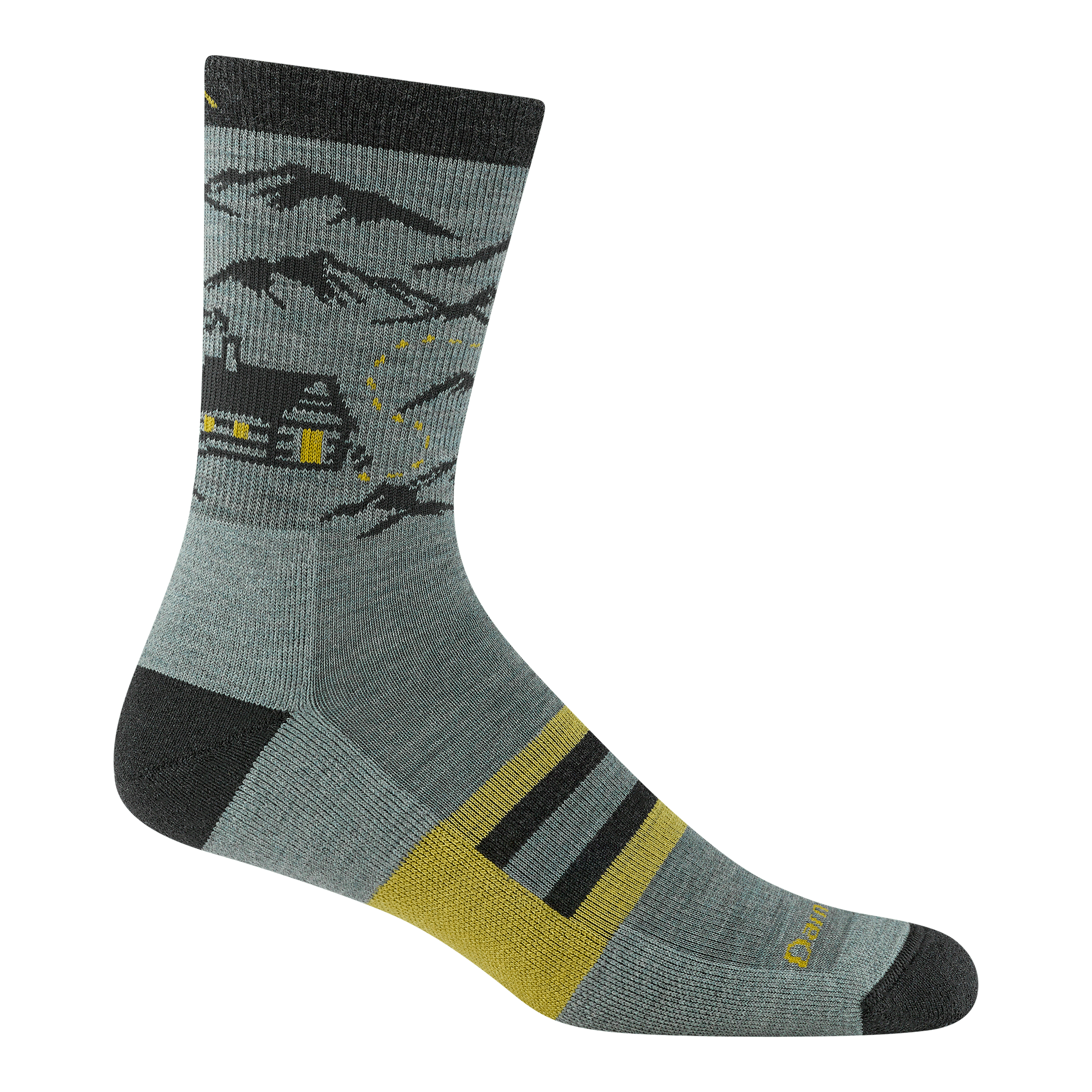 reverse image of the 5021 hike hike hut with mountain and log cabin on ankle with yellow accents