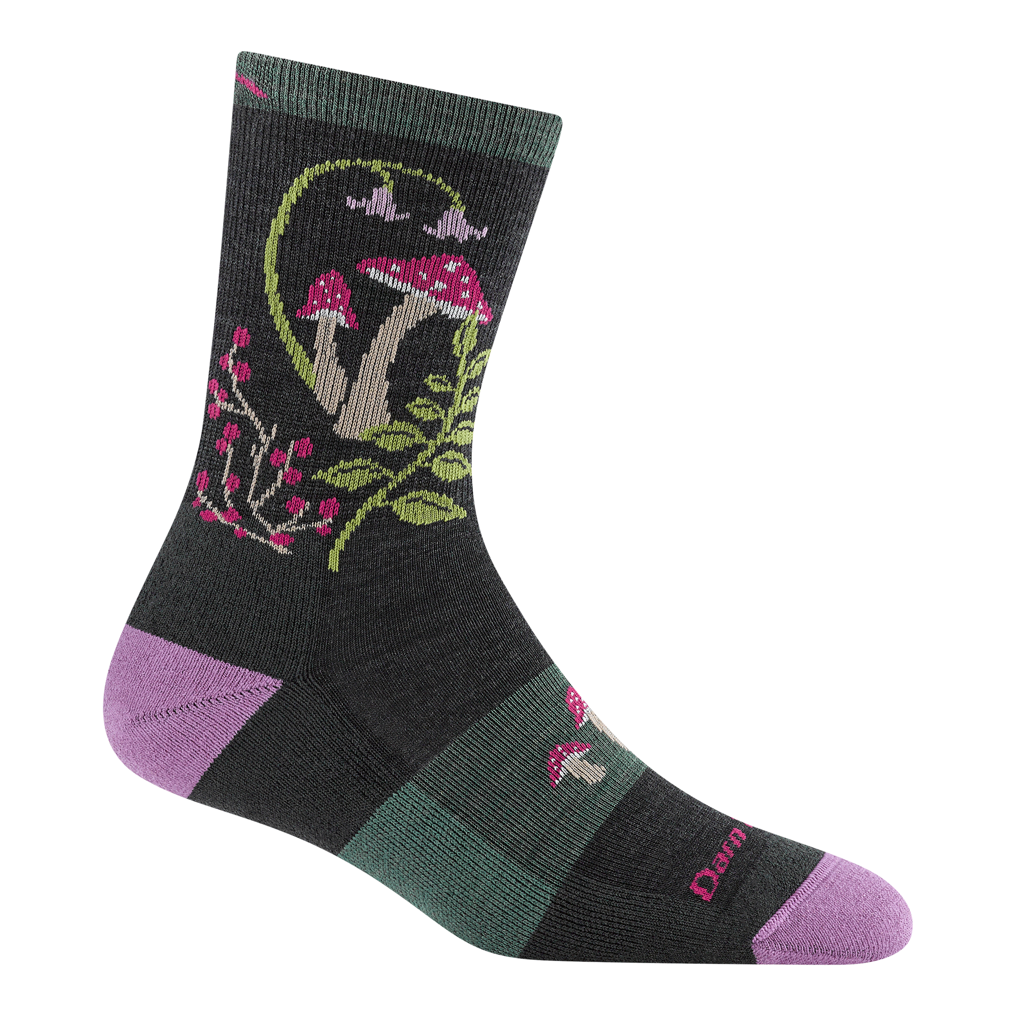 5026 mellow mushroom micro crew hiking sock in charcoal featuring purple heel/toe black body with mushrooms ferns and flowers on the leg