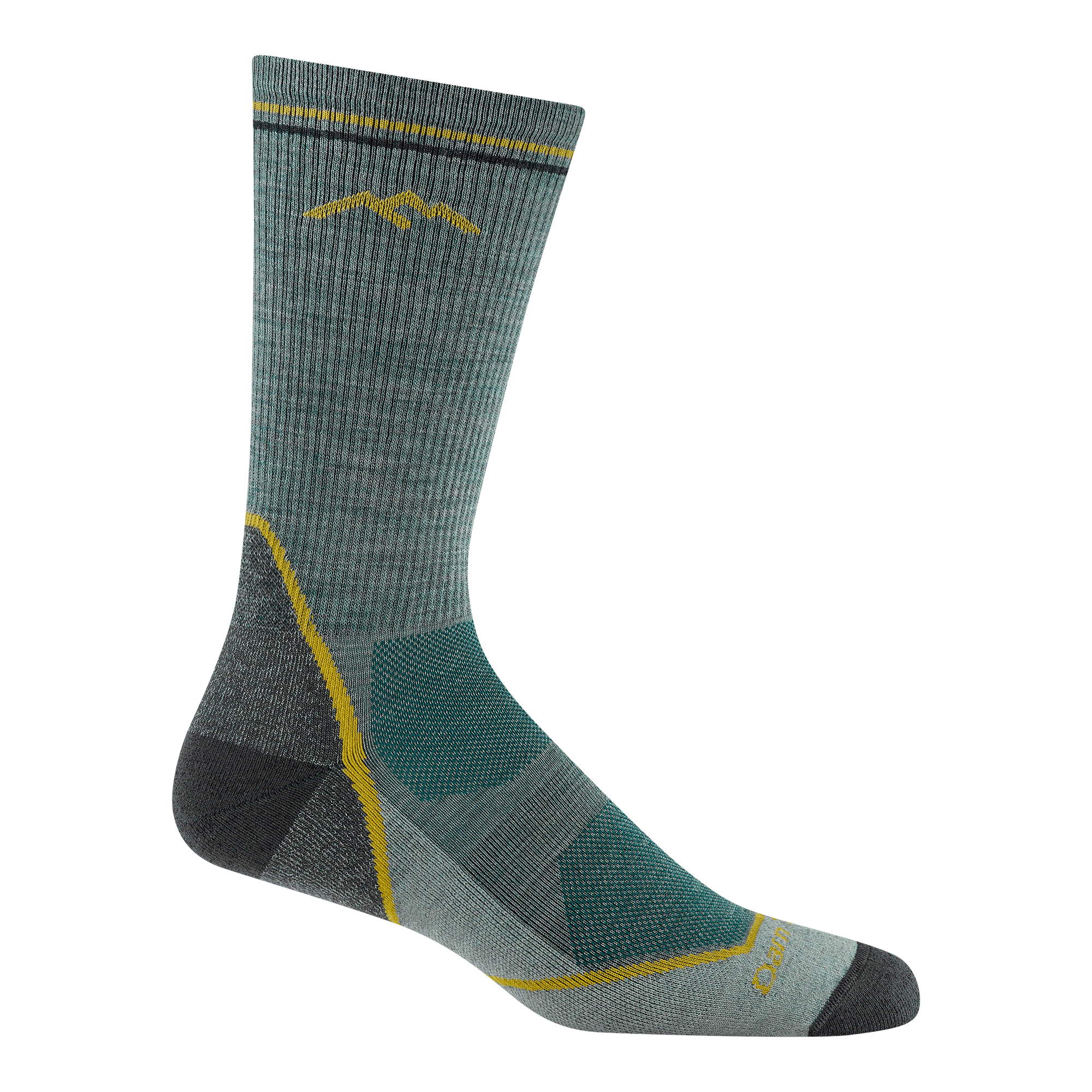 5028 light hiker boot sock in seafoam featuring black heel/toe green body and yellow stripe and logo