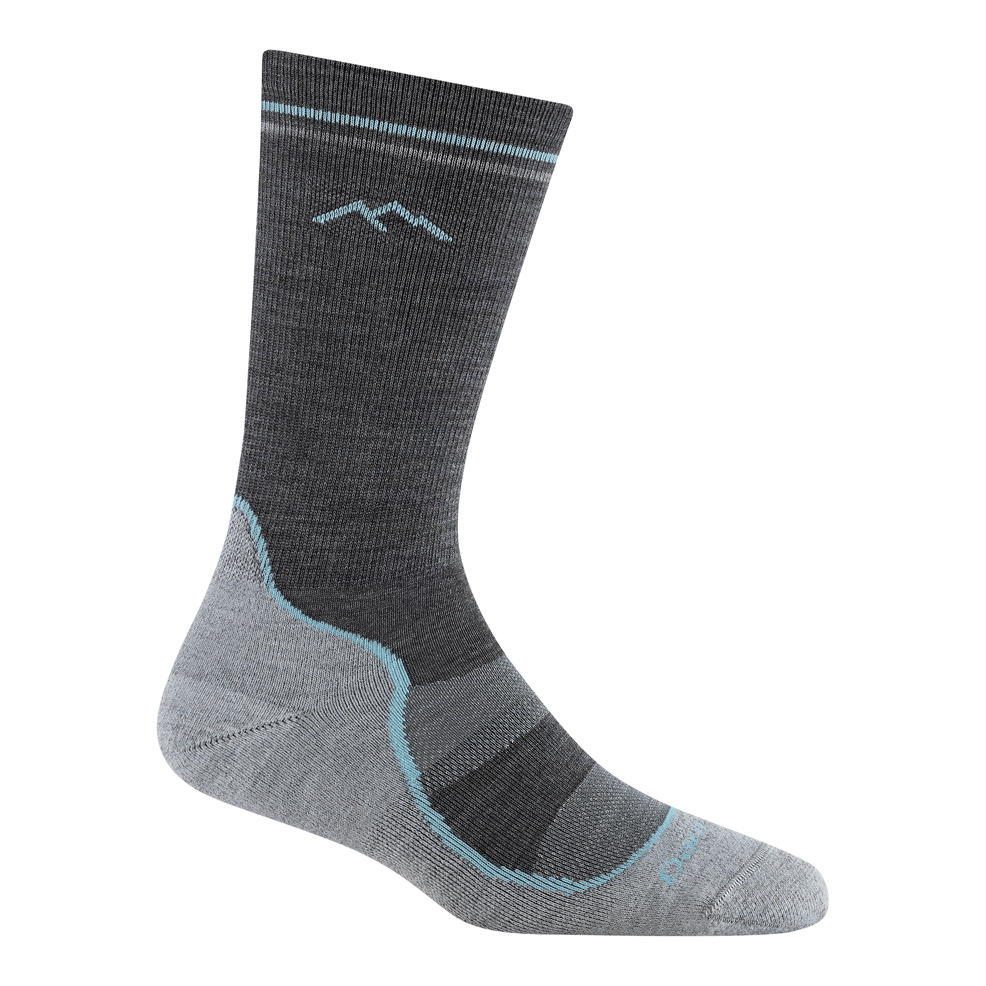 5029 light hiker boot sock in slate featuring light gray bottom dark gray leg with a light blue stripe and logo
