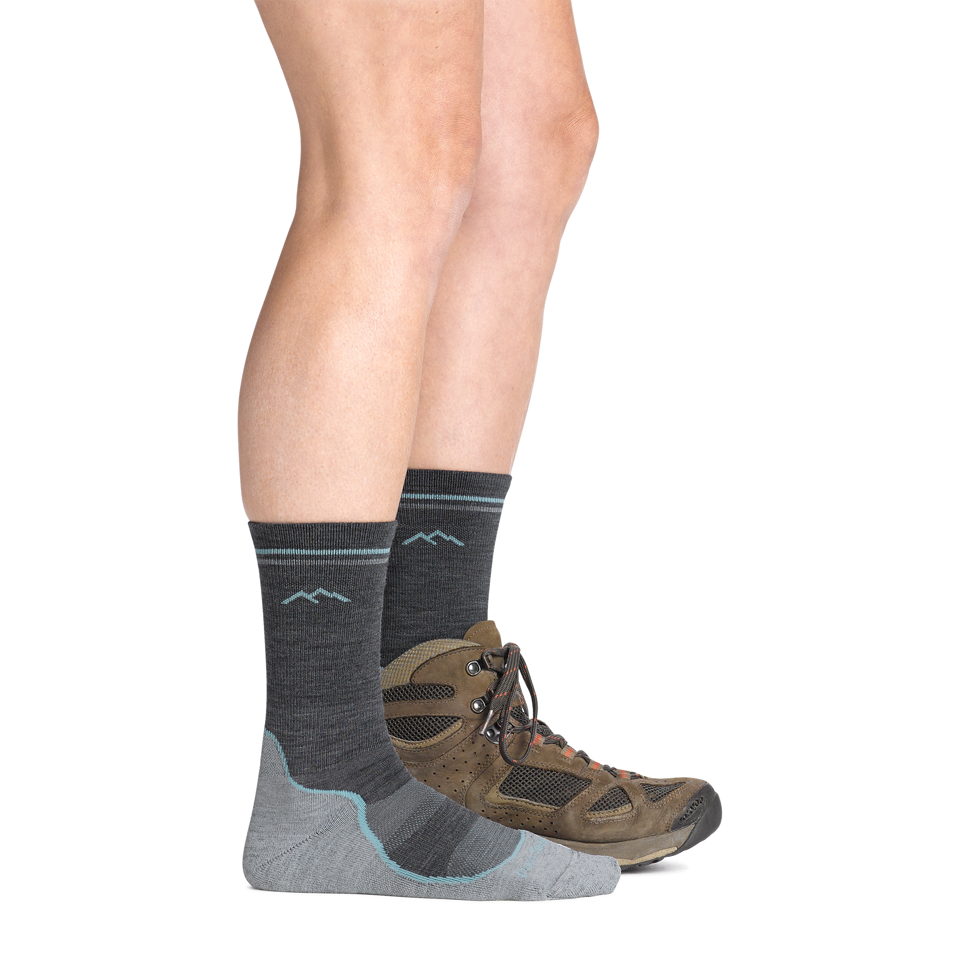 on model image with back foot in a hiking boot wearing the 5029  light hiker boot sock in slate gray colorway