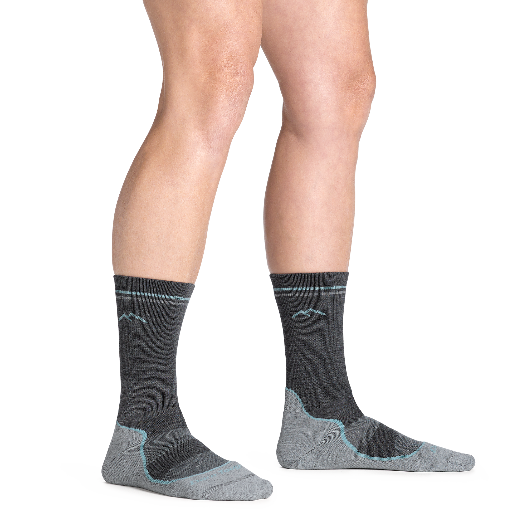 model standing barefoot wearing the 5029 light hiker boot sock in slate gray colorway