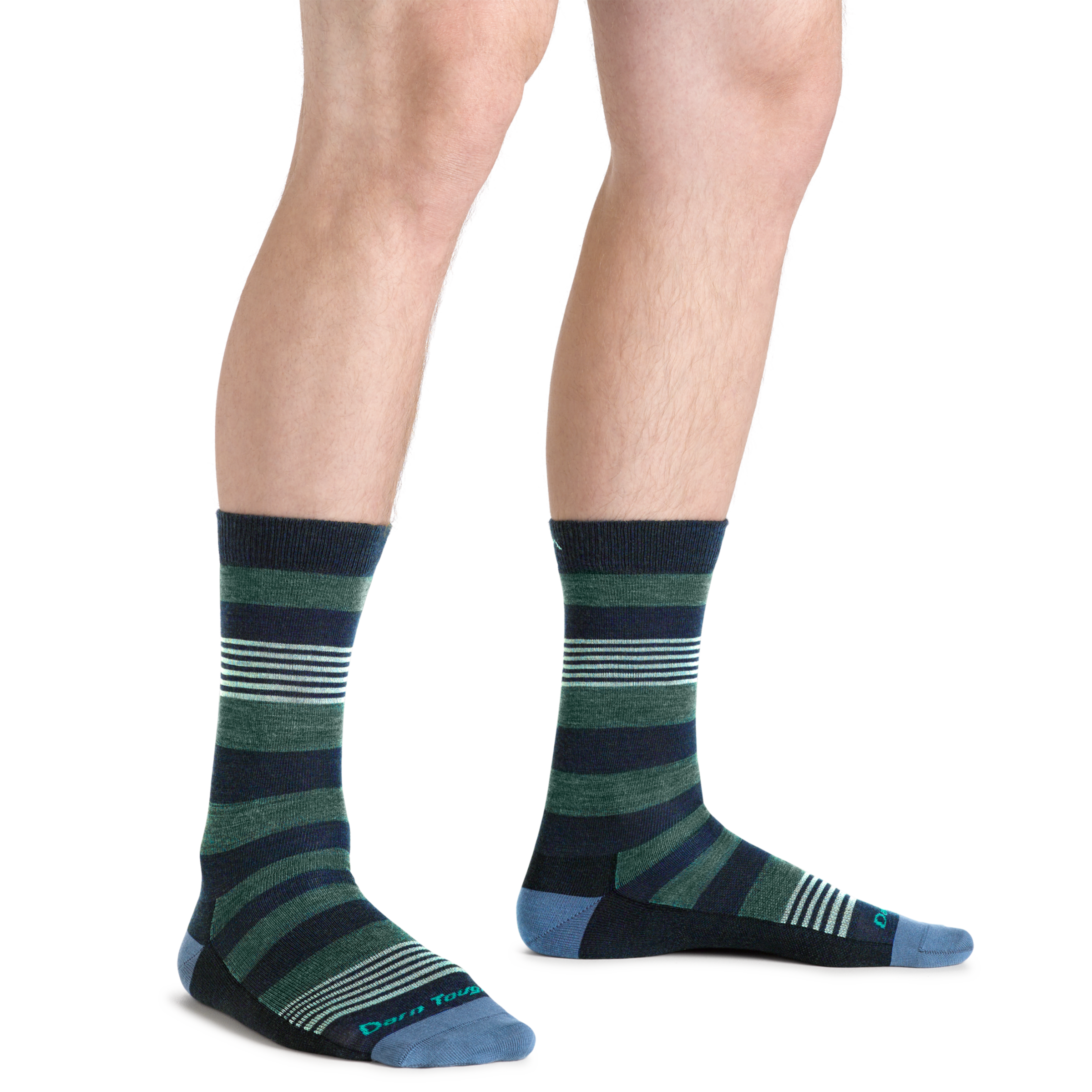 Man standing barefoot wearing Oxford Crew Lightweight Lifestyle Socks in Eclipse