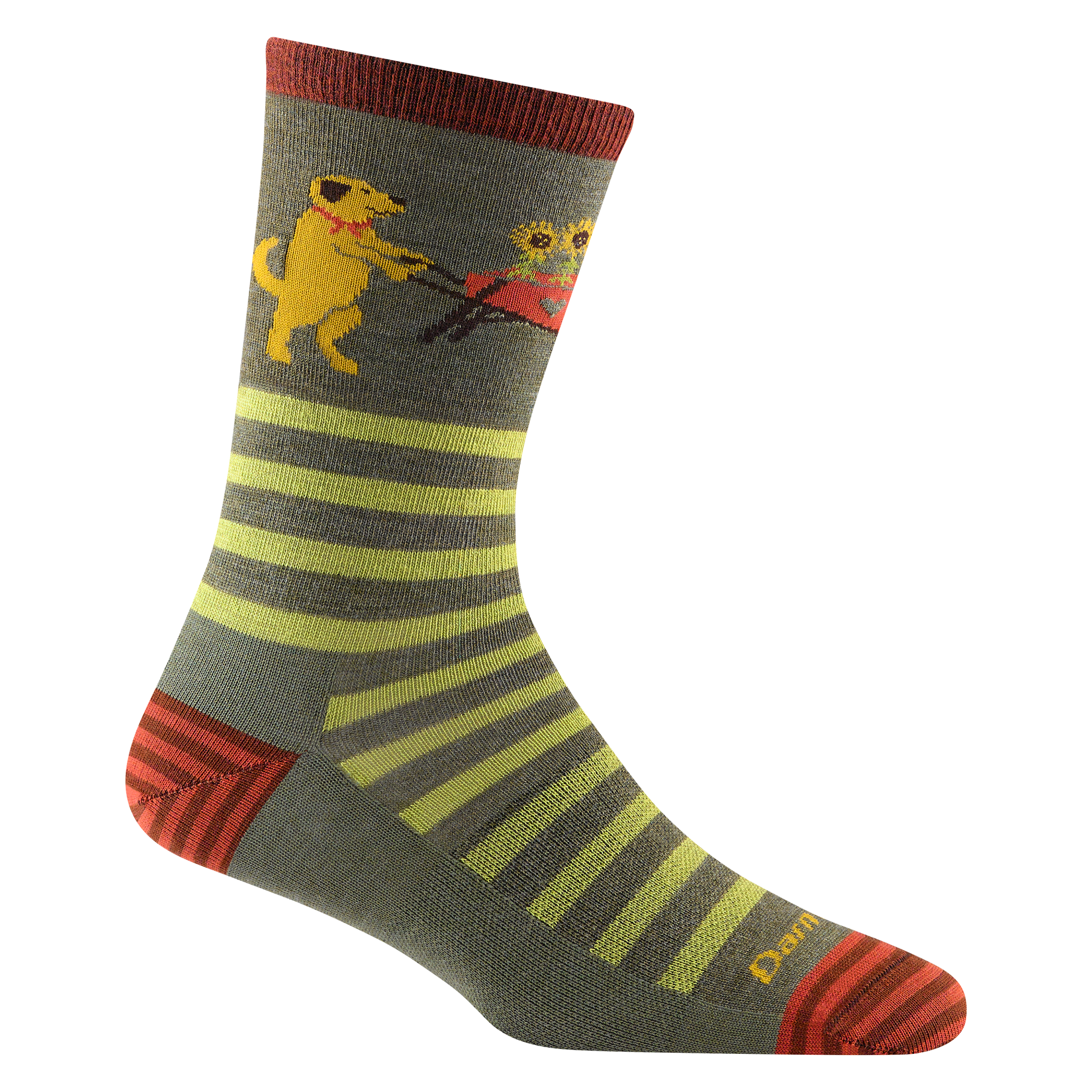 6037 women's animal haus crew lifestyle sock in color herb green with orange stripe accents and standing dog design